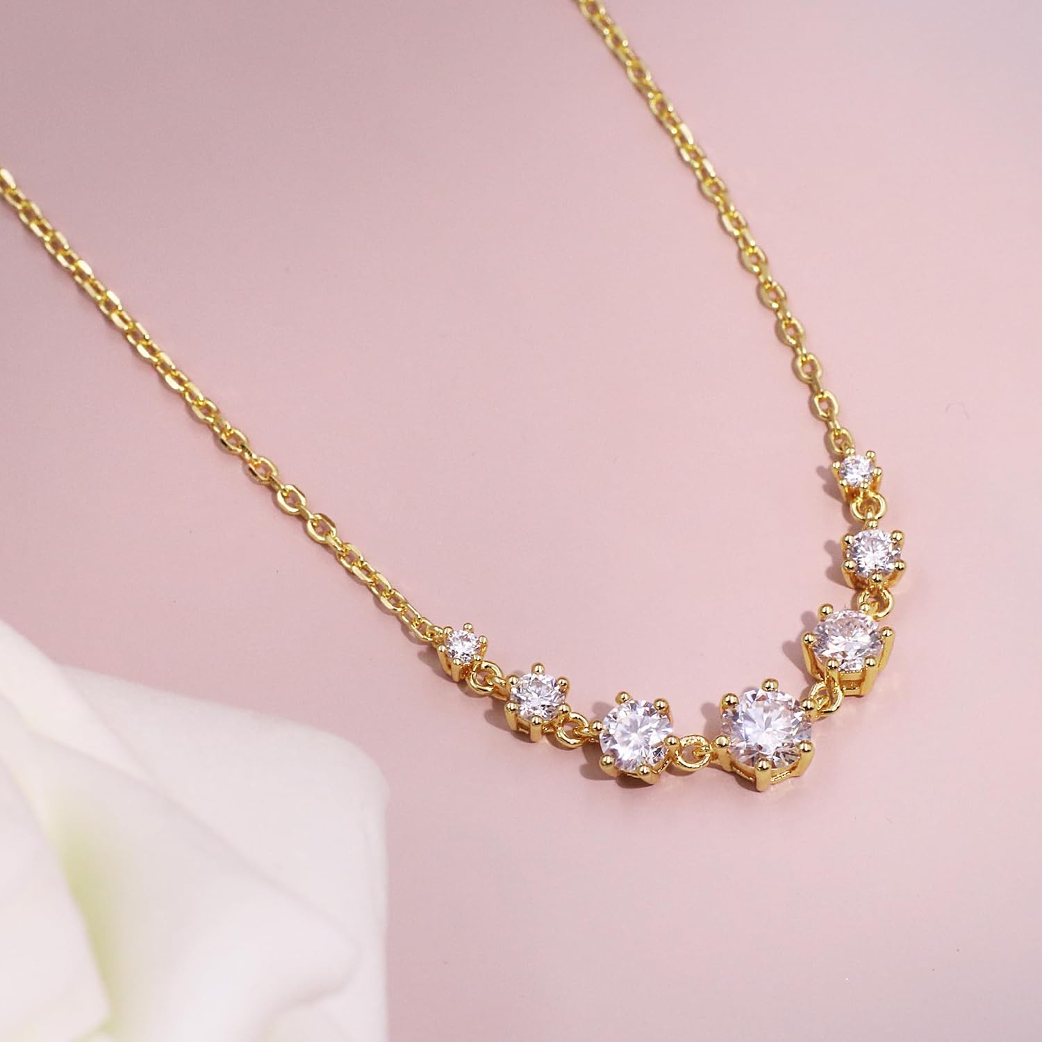 7 Stones Moissanite Necklace for Women 14K Yellow Gold Plated, D Color VVS Clarity Lab Diamond Sterling Silver Choker Necklace