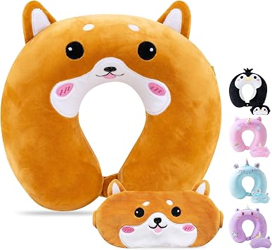 Cirorld Travel Pillow for Kids Adult Cute Neck Pillow for Traveling Memory Foam Airplane Pillow Sleep Mask Animal Flight Pillow Head Rest Neck Support for Cars Long Flights Dog, 3-8 Y/O