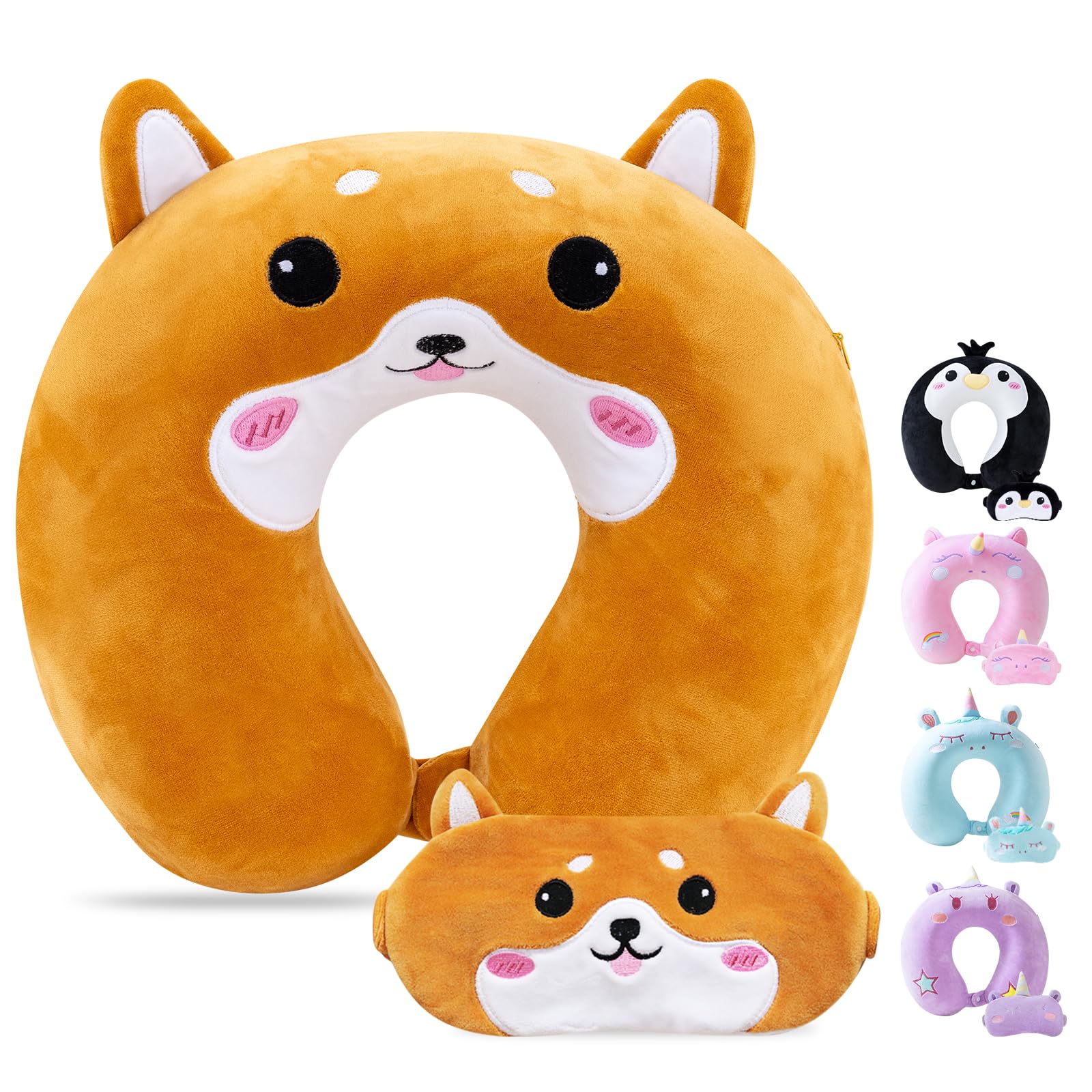 Cirorld Travel Pillow for Kids Adult Cute Neck Pillow for Traveling Memory Foam Airplane Pillow Sleep Mask Animal Flight Pillow Head Rest Neck Support for Cars Long Flights (Dog, 3-8 Y/O)
