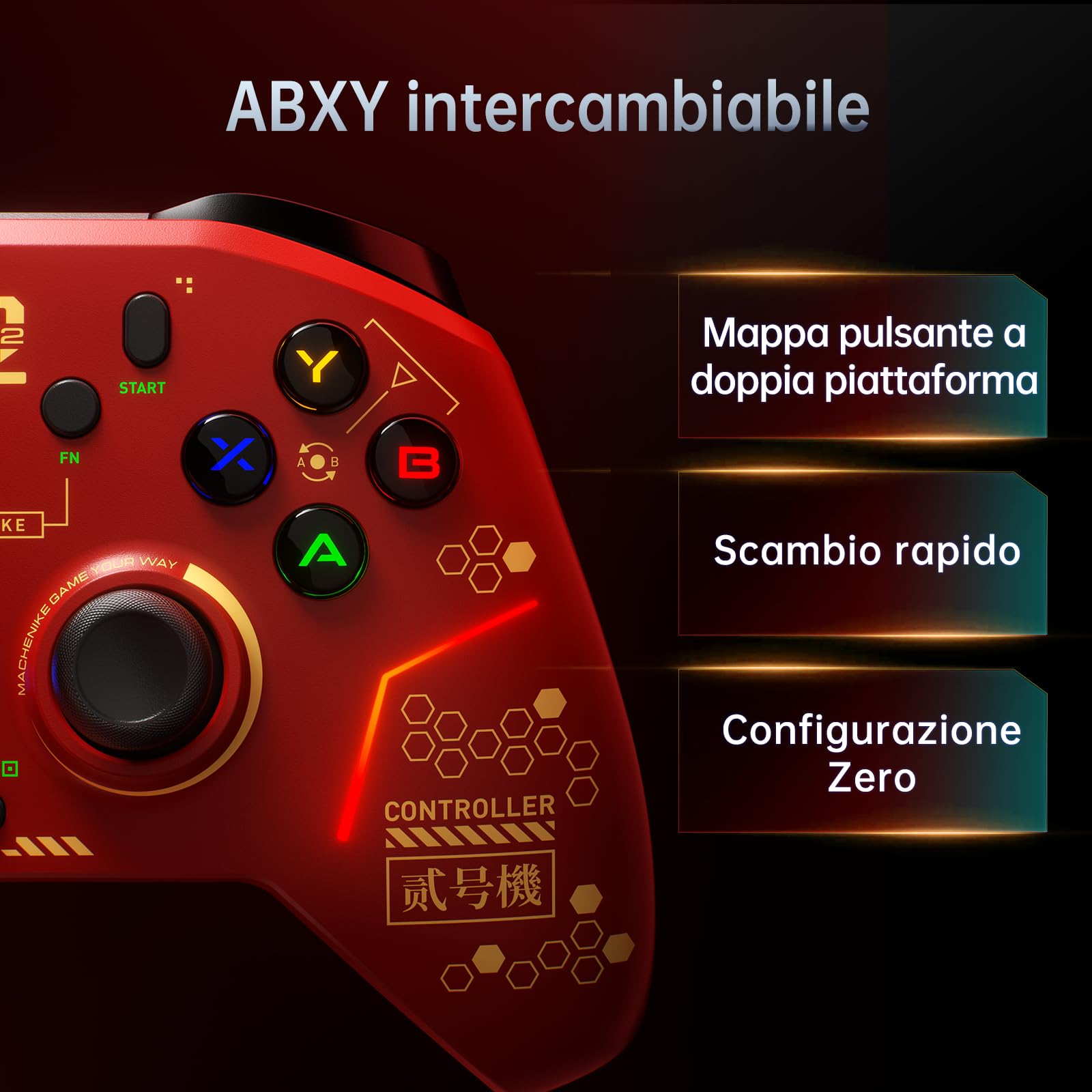 Machenike G6V2 Controller, 2 motori a bobina mobile HD, joystick TMR con coppia regolabile, 2 trigger TMR, pulsanti ABXY facilmente intercambiabili, 4 pulsanti programmabili, 1000 Hz, 1200 mAh, Rosso