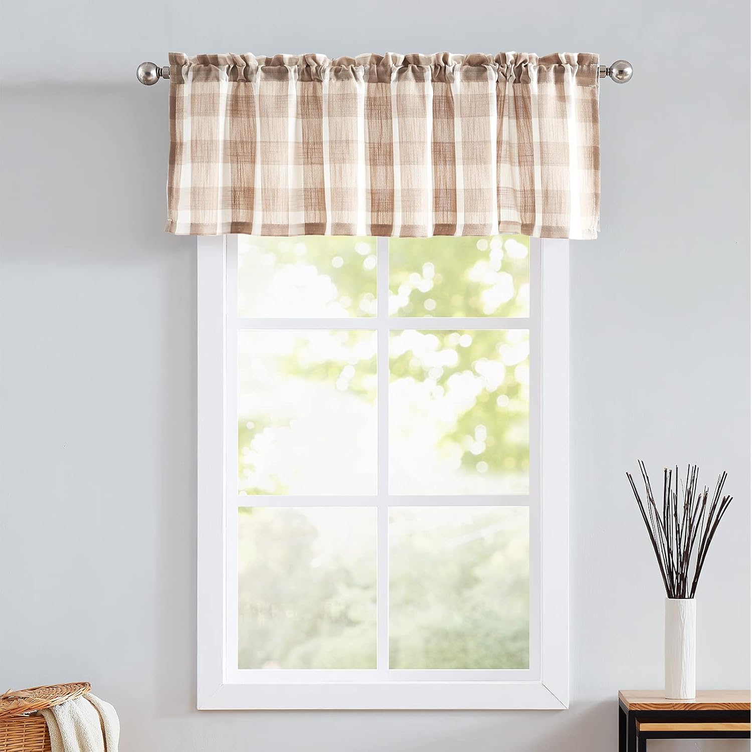 Treatmentex Buffalo Check Valance and Kitchen Curtain Set, Taupe