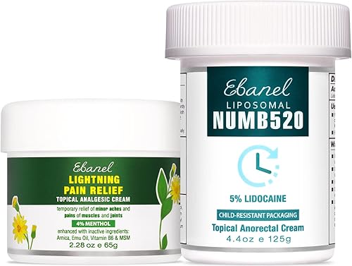 Ebanel - Paquete de crema para aliviar el dolor, árnica, mentol, 2 onzas, y crema anestésica tópica, 4 onzas