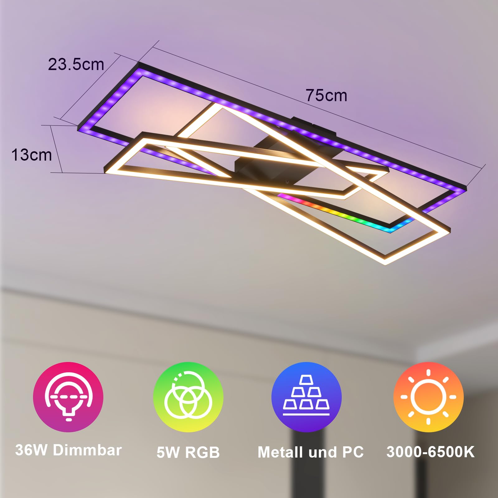 Homefire Deckenlampe Wohnzimmer LED Deckenleuchte RGB Schwarz 36W Dimmbar | Wohnzimmerlampe Farbwechsel Modern Schlafzimmerlampe mit Fernbedienung Metal Deckenleuchten Rechteckig für Jugendzimmer Büro