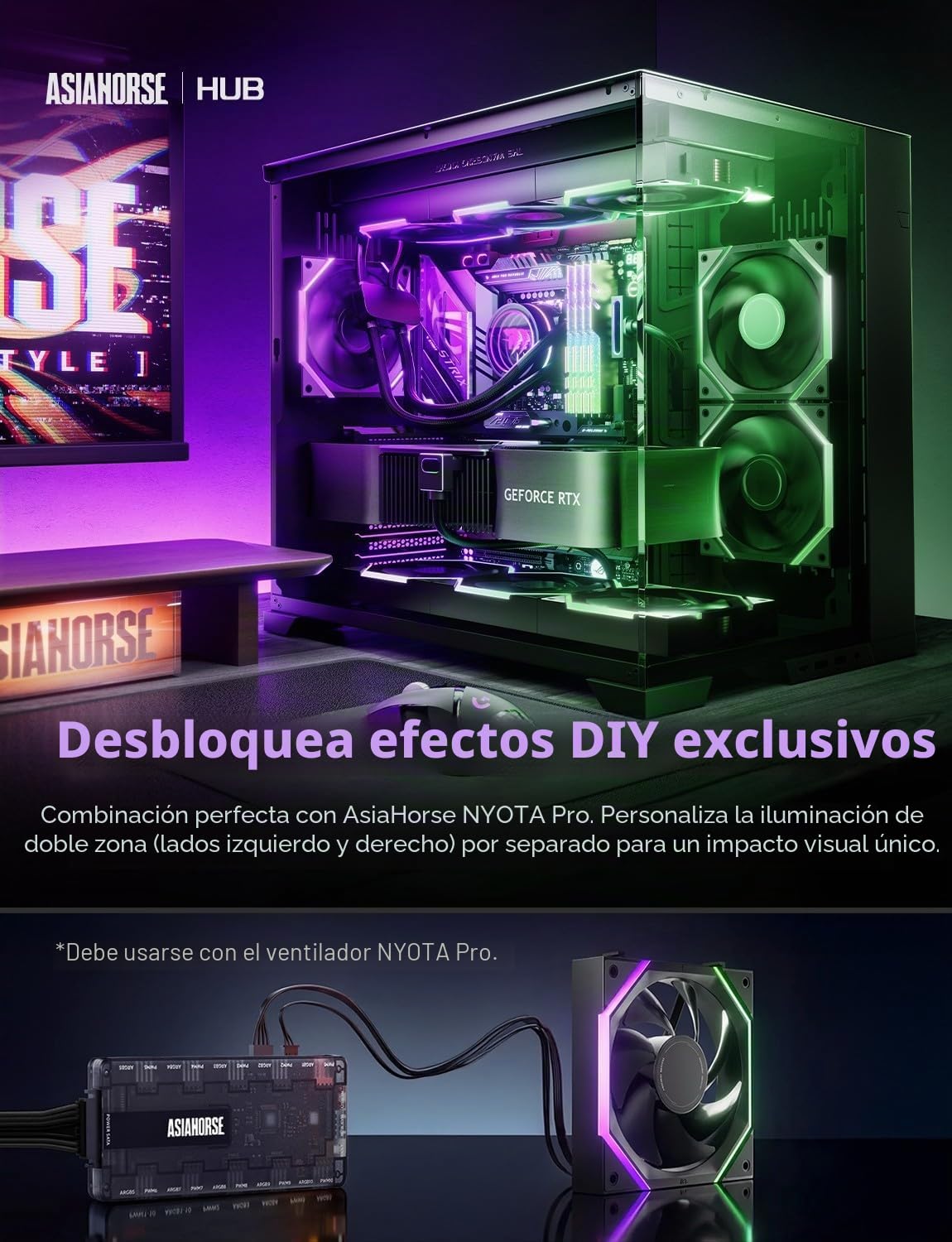 AsiaHorse UMBRA ARGB PWM Hub de ventiladores de PC, controlador de PC de 5V 3 Pin ARGB de 10 puertos con software exclusivo, detección automática de LED, modo Canvas para sincronización de pantalla