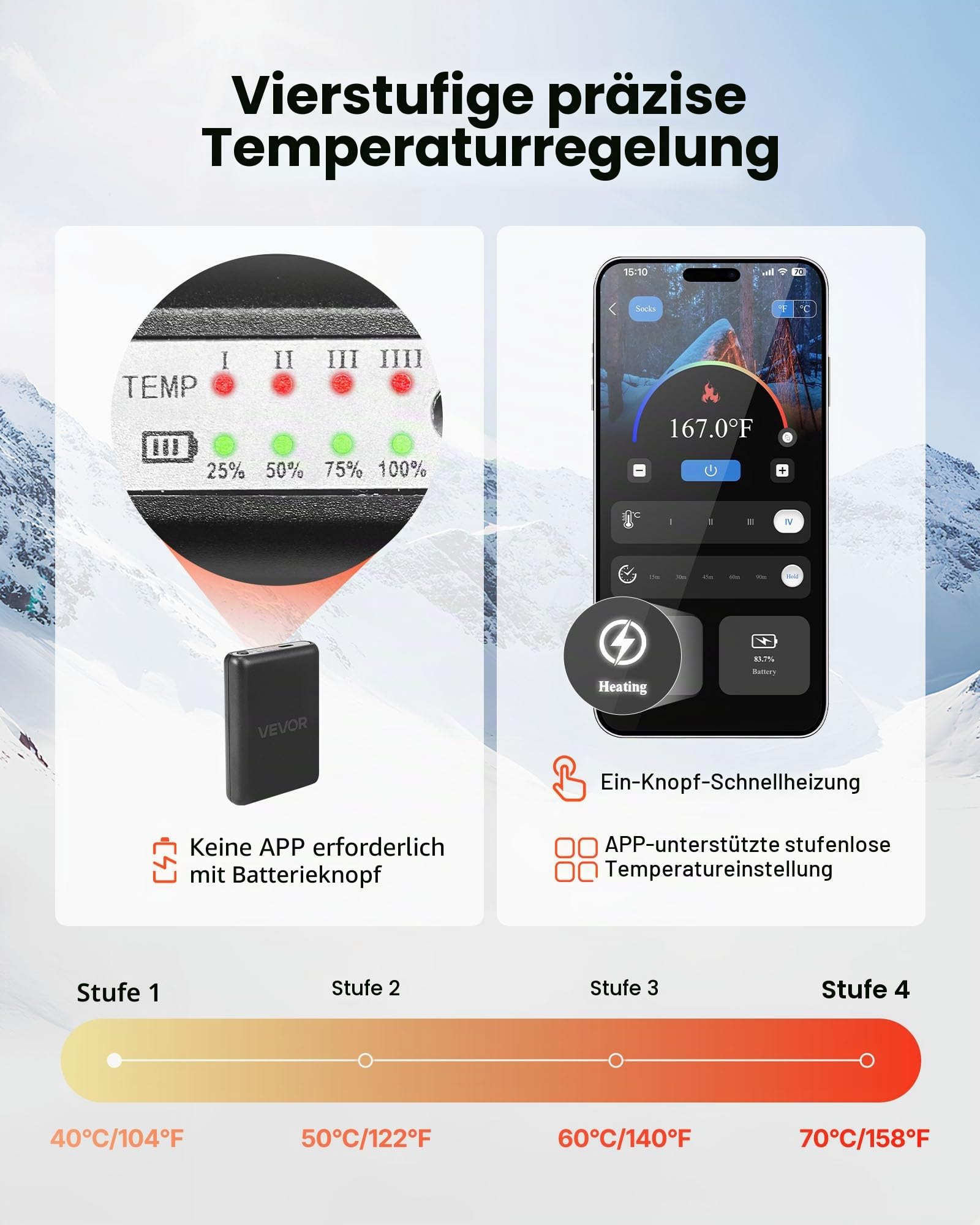 VEVOR Beheizte Socken, 5000 mAh Akku, wiederaufladbare Heizsocken mit 4 Heizstufen, elektrisch beheizte Socke mit App-Steuerung für Männer und Frauen, Fußwärmer für Jagd, Reiten, Camping, Wandern