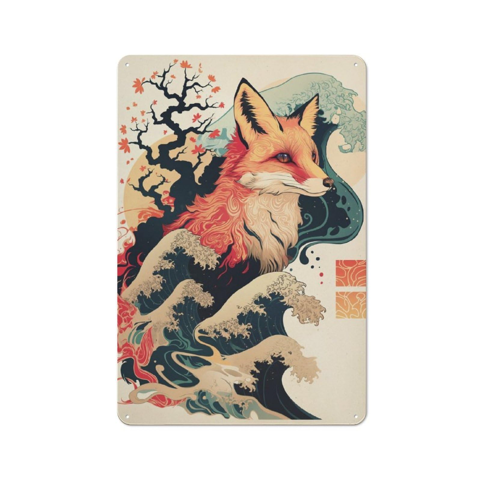 Junmoney Fox Japanese Waves Japan Metal Sign 30X20cm With For Garage Wall, Vintage Decor, Tin Sign Wall Decor For Garages And Workshops