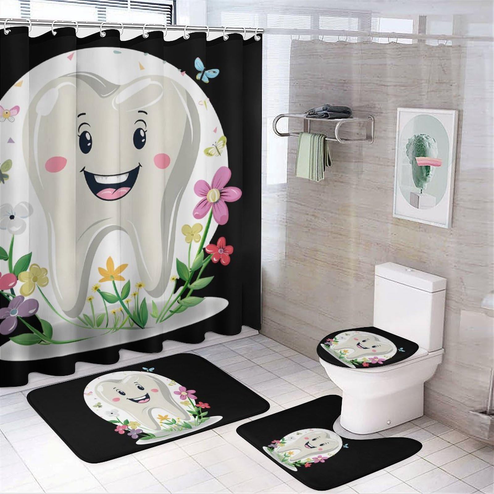 CGSBNGHA Dentist Dental Assistant Oral Hygienist Tooth Flower Shower Curtain Set 4 Piece Bathroom Sets with Rugs Toilet Lid Cover And U-Shaped Floor Mat
