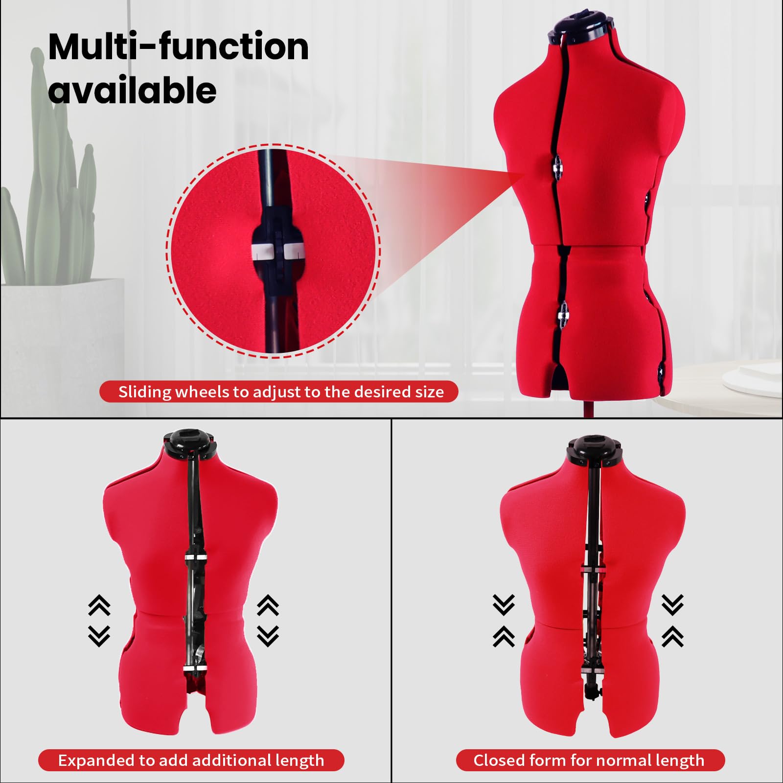 Verstellbare Schneiderpuppe zum Nähen, weibliche Größe 34-42, steckbare Körperform mit 13 Zifferblättern, Abnehmbarer Rollfuß, 108 cm - 152,4 cm Höhenbereich für Kleidung, Größe S bis M
