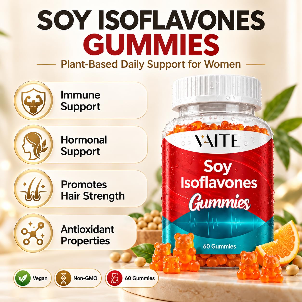 Soy Isoflavones Supplement for Women – Non-GMO Phytoestrogens for Menopause Relief, Hot Flashes, Hormonal Balance, Genistein, Soy with Isoflavones, Bone Health Support – 60 Vegan Chewable Gummies — Amazon image 2