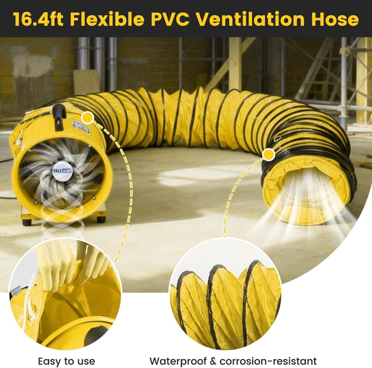 Heavy Duty Air Mover Portable Ventilation Fan 8Inch, 230W Exhaust Fan with 16.4ft Flexible Duct, 3500RPM Overheat Protection Cylinder Axial Fan, Industrial Portable Air Blower/Exhaust, Yellow
