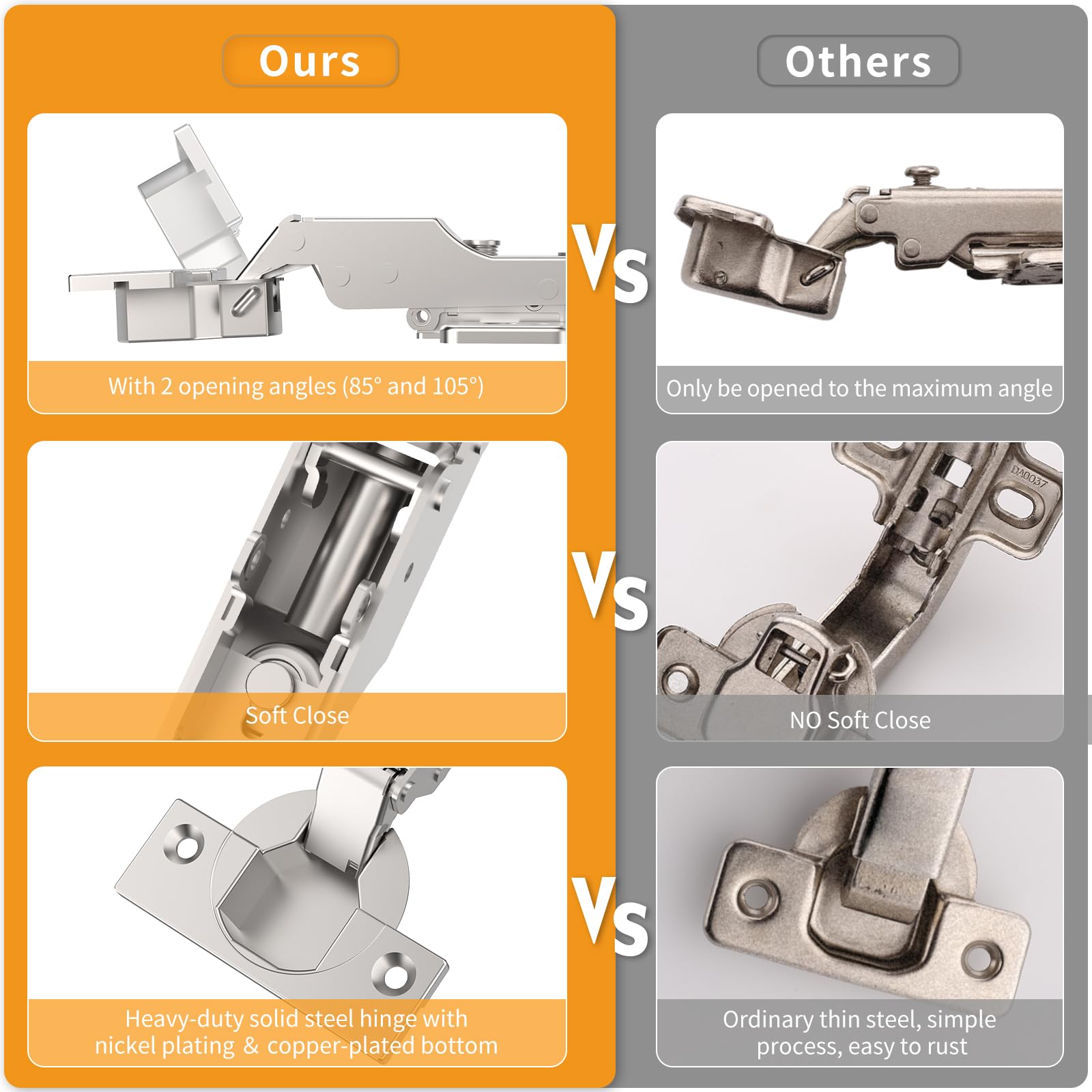 Chibery 10 Stück rahmenlose halb-Overlay-Scharniere, sanft schließend, satiniertes Nickel, selbstschließend, 105° offener Winkel, 3D-Einstellung, Stopp 85 & 105 Grad, Clip-On, Edelstahl für Schranktür