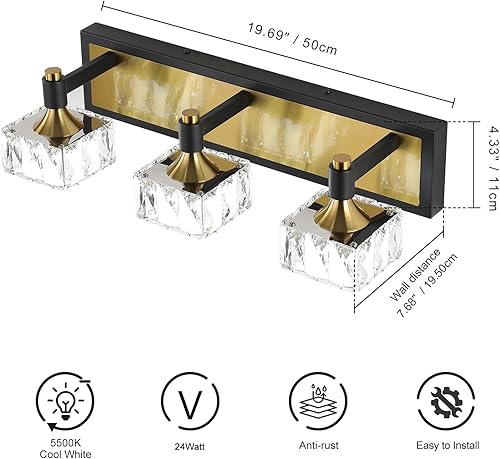 Miniatura 5 de Lámpara de baño de 3 luces sobre el espejo, luz LED regulable para tocador de baño con pantalla de cristal, lámpara de pared moderna negra y dorada,