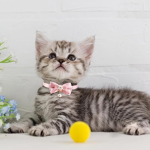 Miniatura 6 de Collar para mascotas, collar de gato con cuentas de lazo de encaje rosa, collar de campana para mascotas, collar de gato ajustable suave con flores