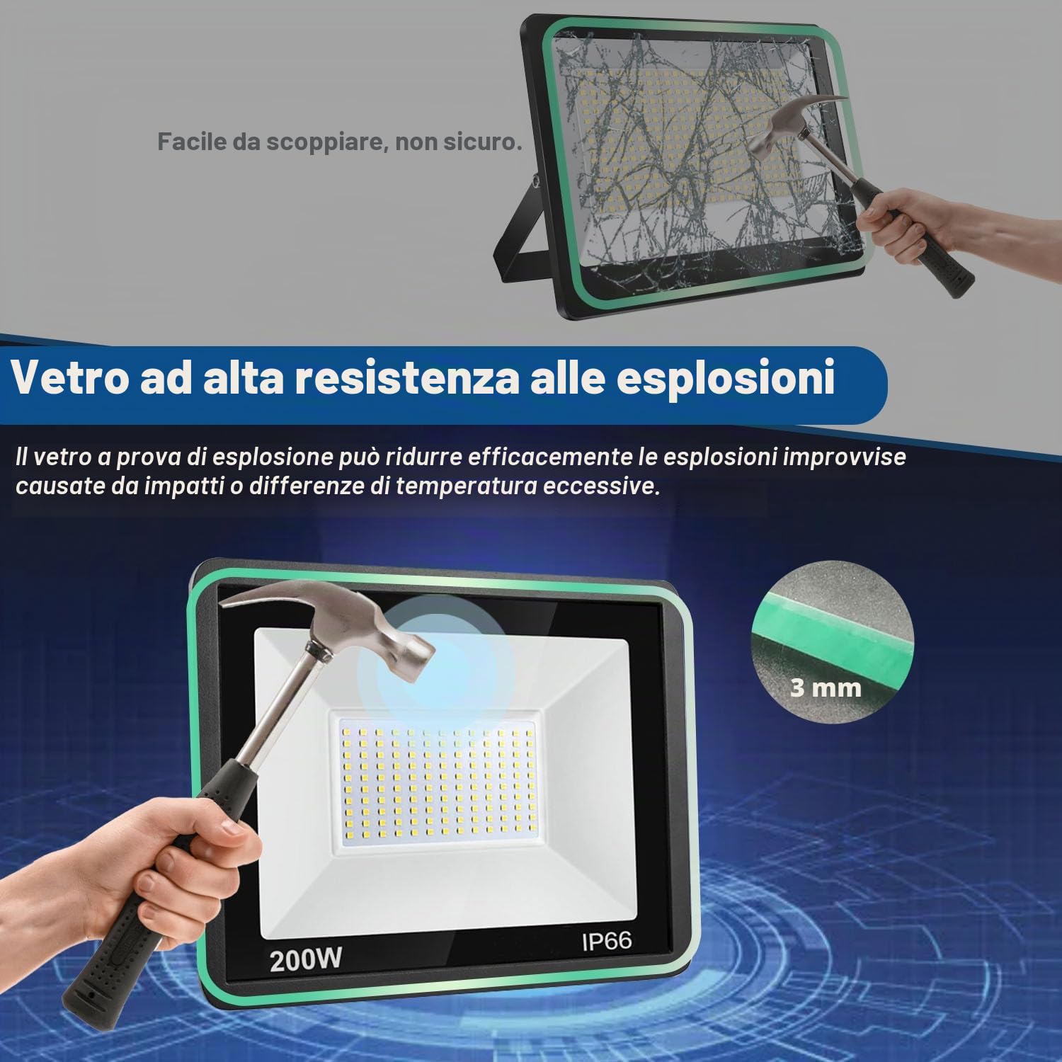 200W Faretto LED da Esterno, Super Luminosa 20000LM Faro LED Esterno Impermeabile IP66, 6500K Bianco Freddo Faretti LED, per Giardino, Cortile, Garage, Pareti