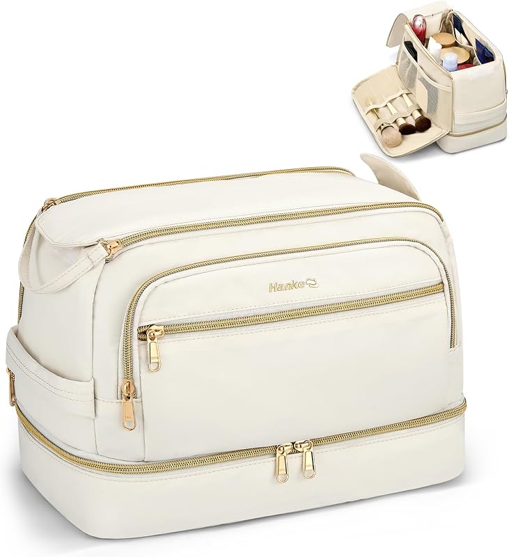 Necessaire de viagem Hanke com abertura ampla e dois compartimentos, tecido resistente à água, Off White, KH6520
