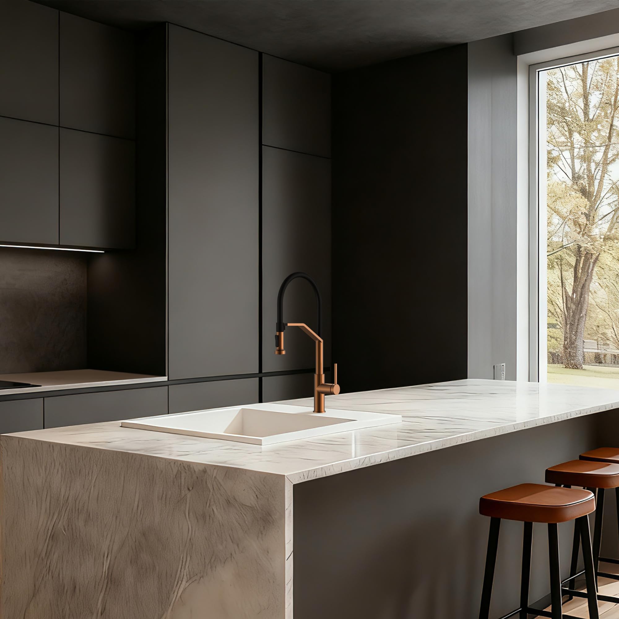 IMEX - Grifo Cocina Extraíble Oro Rosa | Grifo Monomando Fregadero con Doble Difusor | Griferia Cocina con Ducha Flexible 360º | Grifería en Latón | Serie Véneto | Color Oro Rosa Cepillado