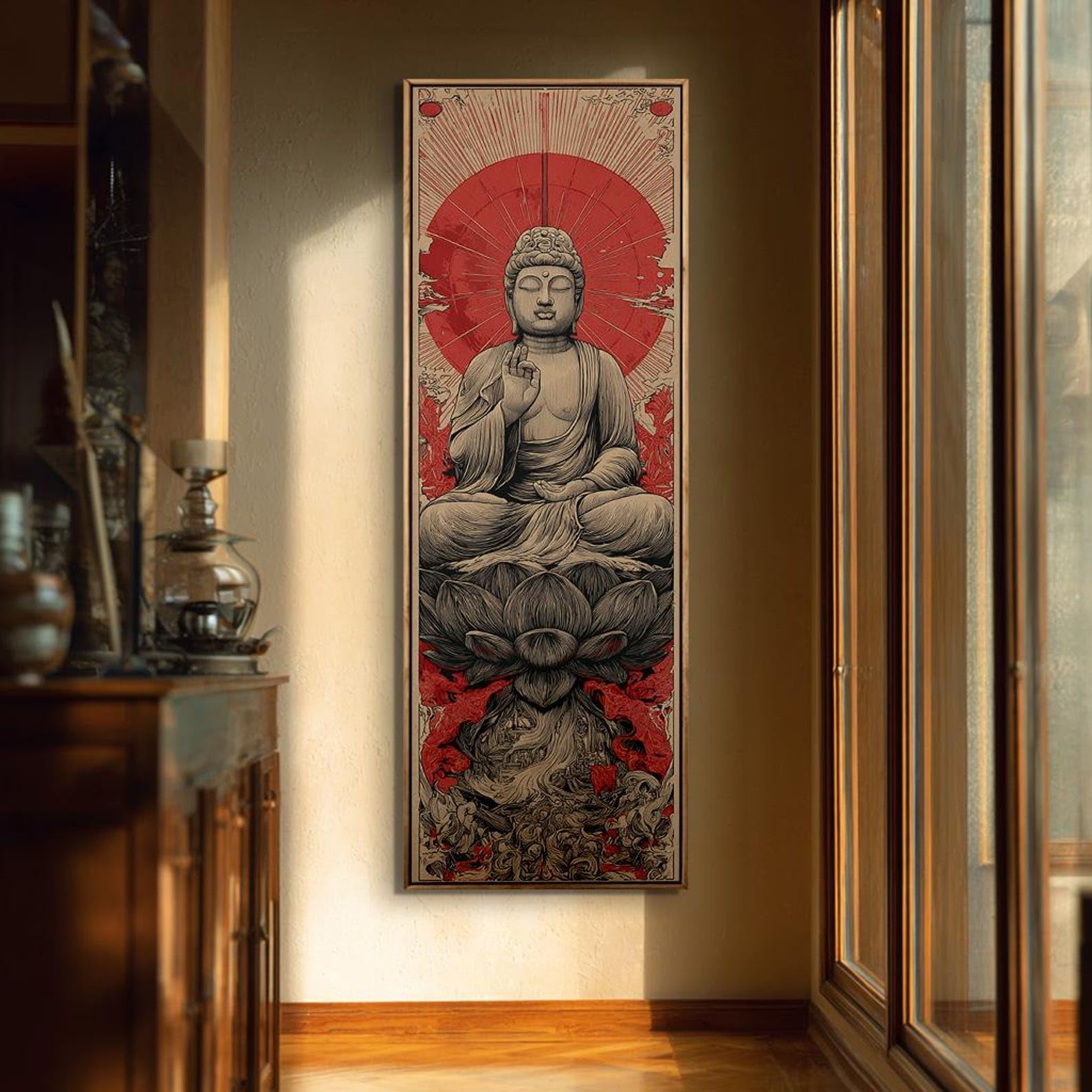 XBTYKPB Láminas verticales de Buda para pared - Obra de arte alta y estrecha - Decoración minimalista - Decoración espiritual para yoga - Lienzo decorativo para pared (30x90cm/Marco interior)