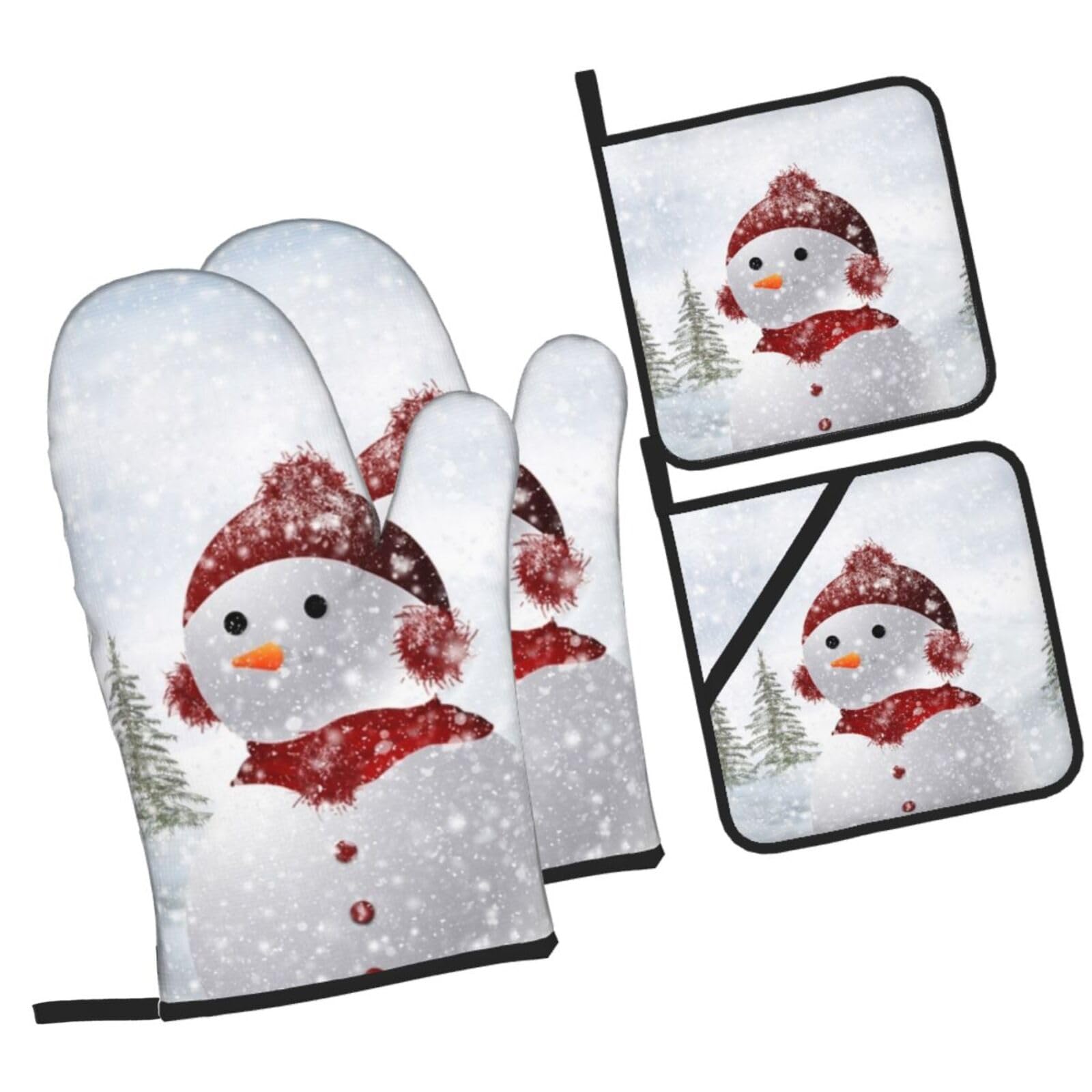 Snowman Printed Oven Mitts and Pot Holders Heat Resistant Set of 4 Pcs, Modern Kitchen Gloves & Potholders for Cooking Baking Grilling