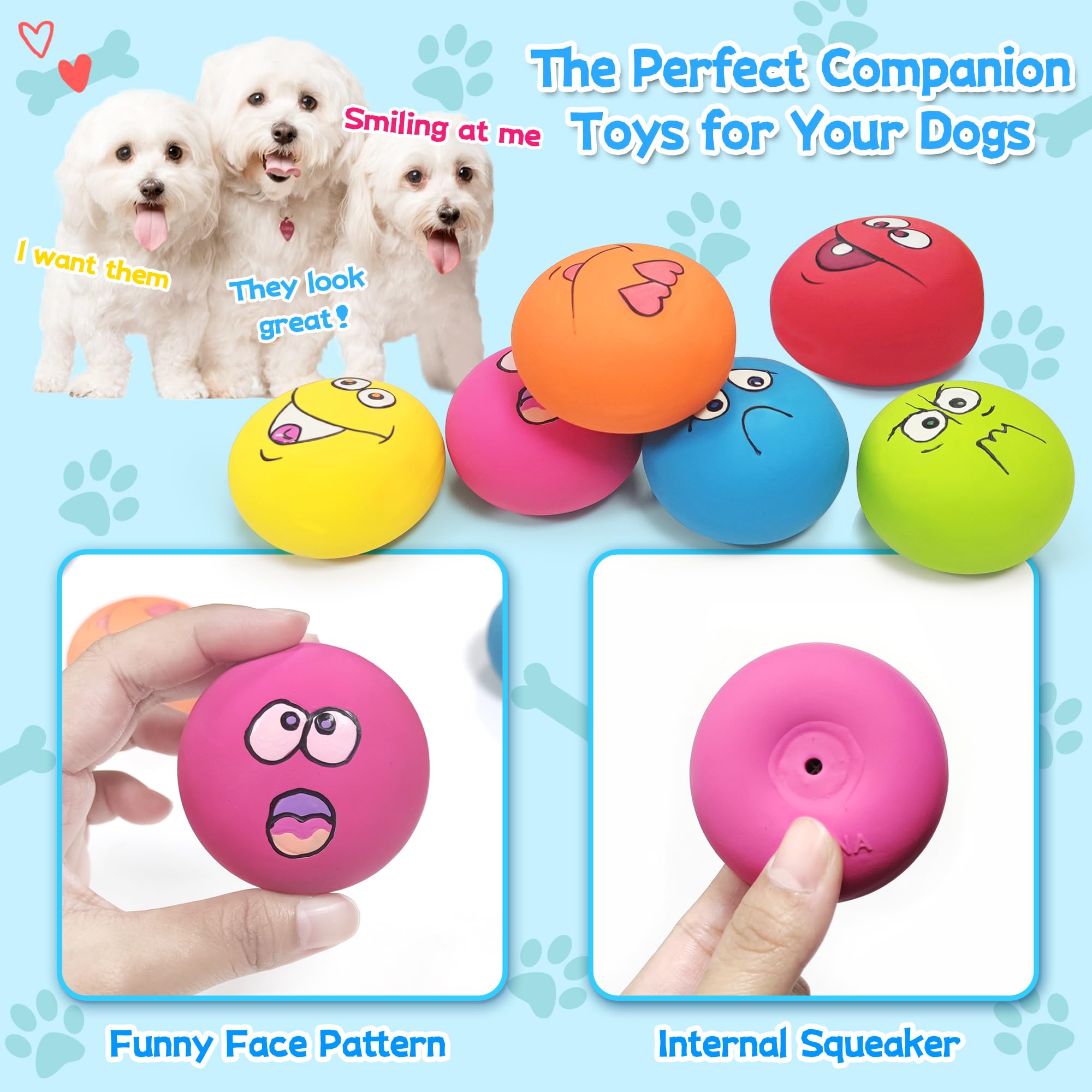 Juguetes de látex chirriantes para perros, juguetes para cachorros sonrientes, juguetes interactivos para perros pequeños, 6 piezas