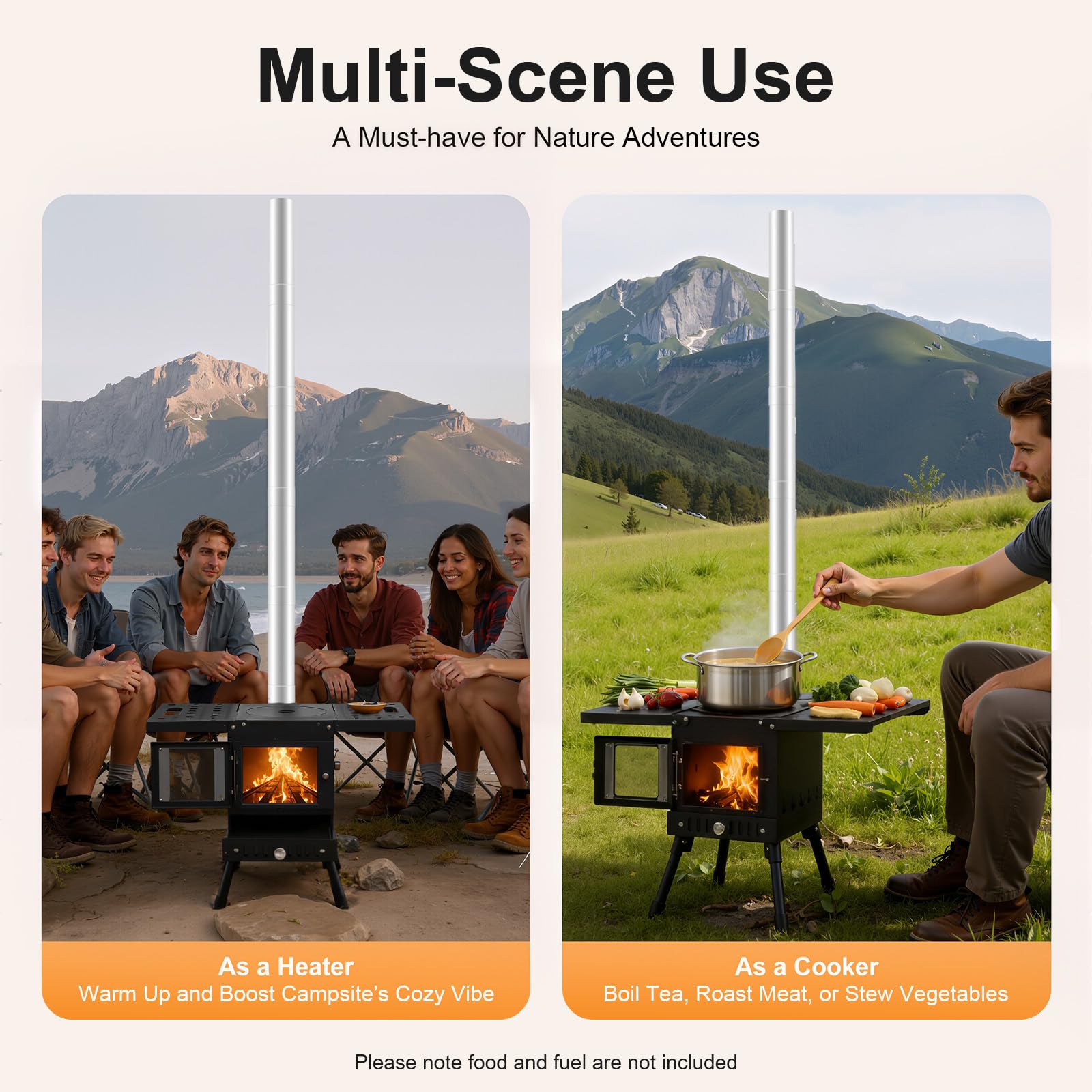 Poêle à bois pliable de camping, réchaud à bois portable avec fenêtre de visualisation, poêle de cuisine d'extérieur avec cheminée, réchaud de camping pliable seulement 8 kg, 55 cm, hauteur 36-56 cm