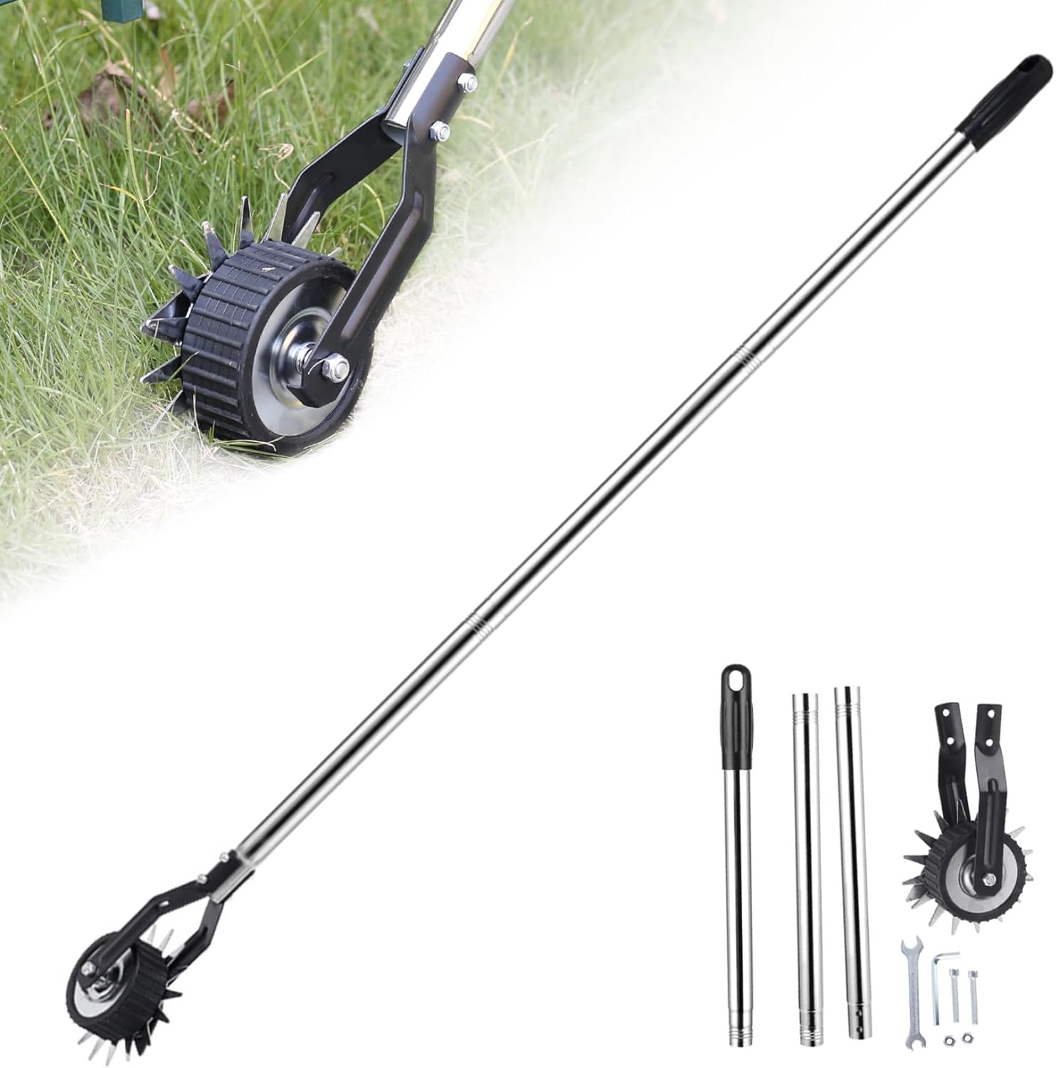 Manual Lawn Edger, Edger Lawn Tool, 53.2 inch Manual with 3 Sections Stainless Steel Handle, Rotary Grass Tool with Wheel, Garden for Sidewalk Yard, Grass