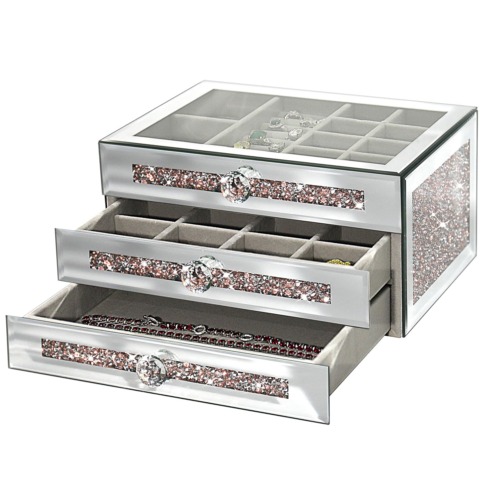 Mirrored Jewelry Box for Women Glass Lid Jewelry Organizer with 3 Drawers for Necklaces Rings Earrings Bracelets Pink