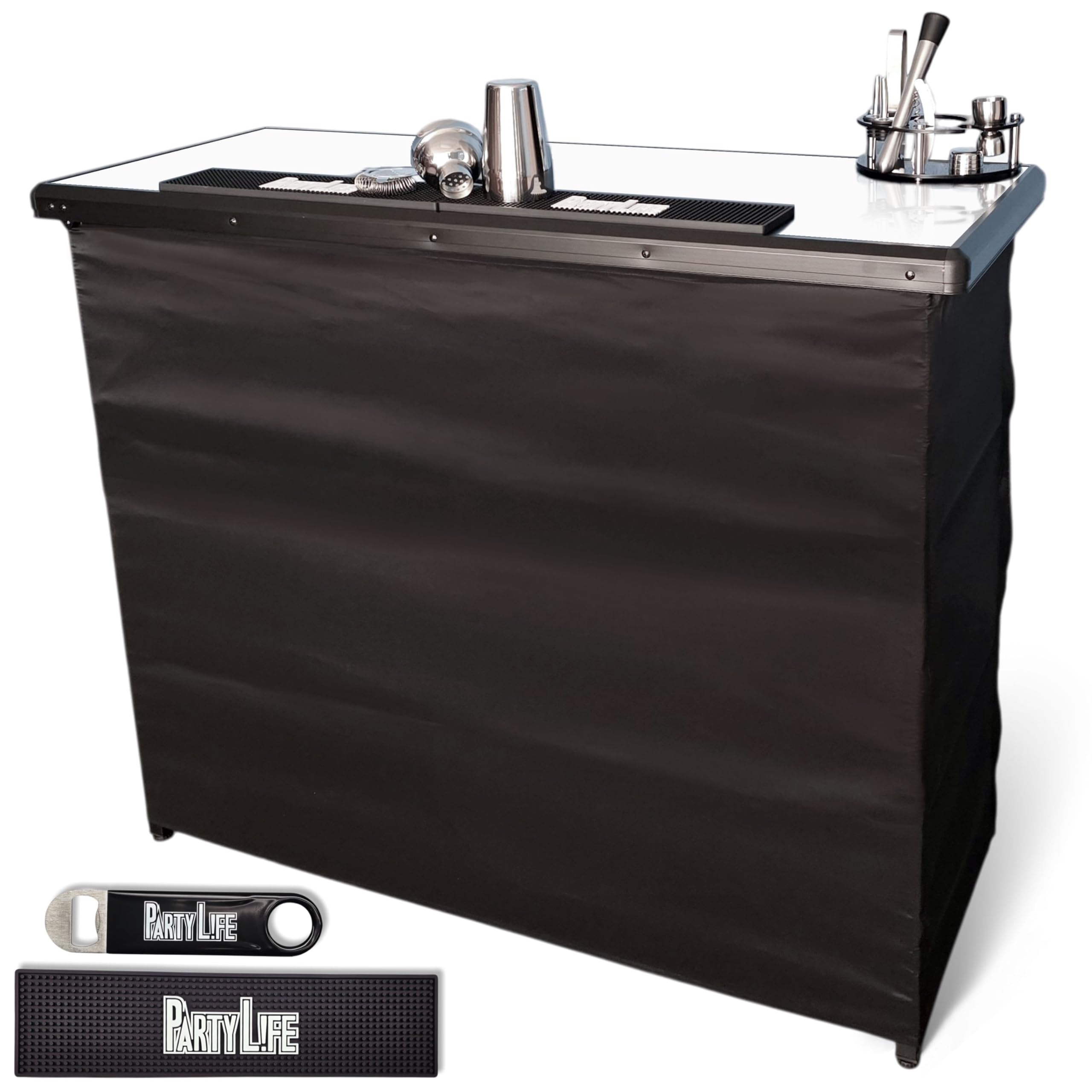 PartyLife 48" Premium Portable Bar Table w/Folding Legs, Black Fabric Bar Skirt, 2 Storage Shelves &amp; 2 Carrying Bags | Commercial Grade | Strong &amp; Sturdy - White