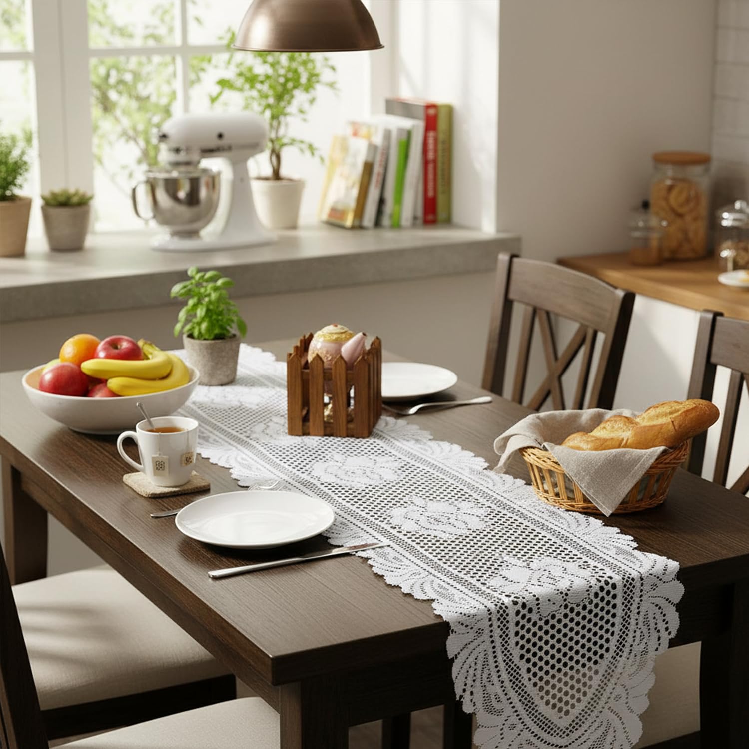 mookaitedecor Blumenmuster Spitze Tischläufer mit Fransen Deckchen Modern