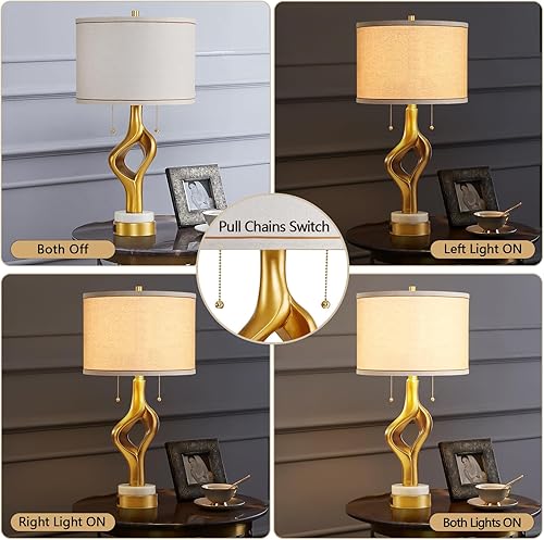 Miniatura 4 de Juego de 2 lámparas de mesa modernas de 26 pulgadas para sala de estar, dormitorio, lámpara de mesa escultórica dorada con 2 puertos USB, lámparas