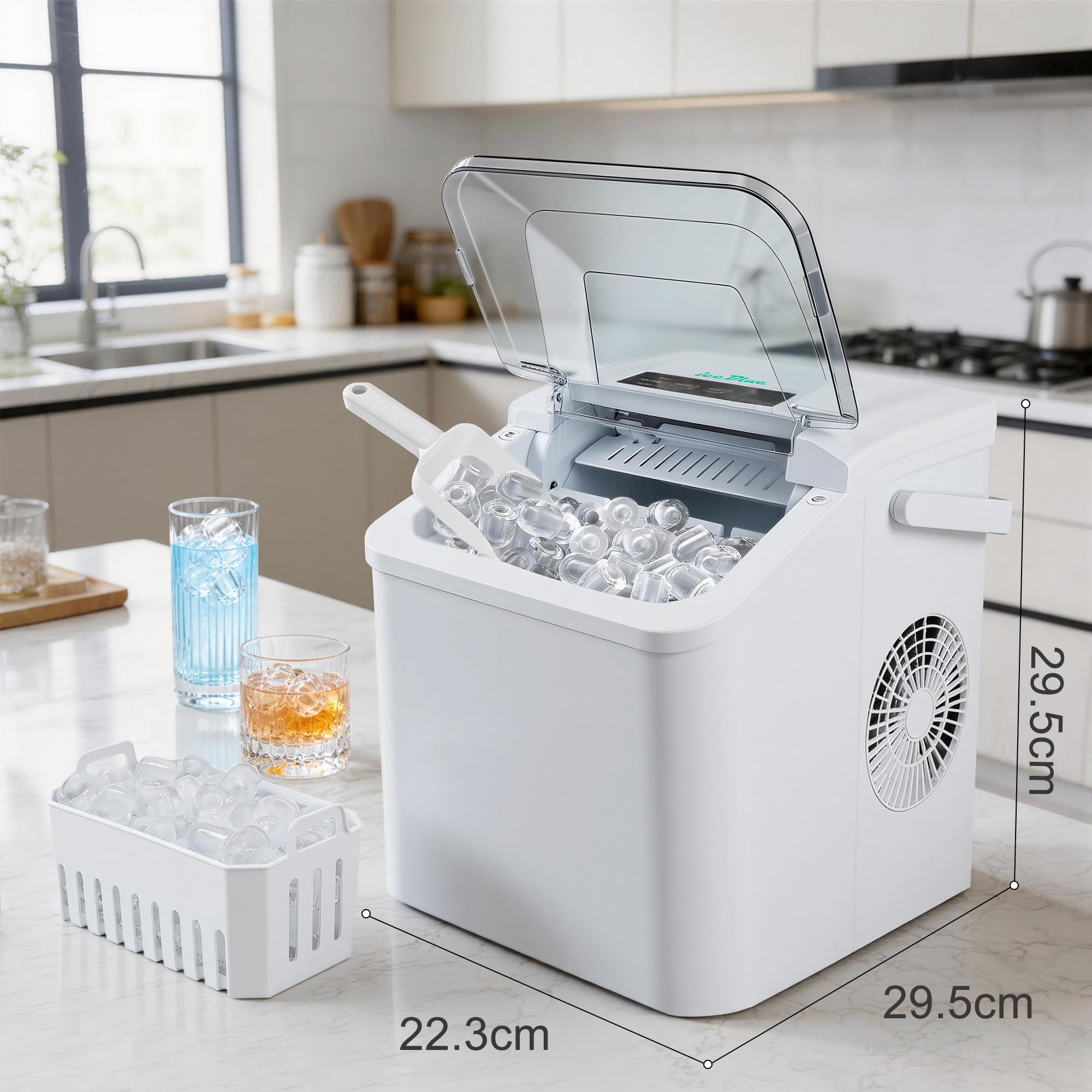 Eismaschine, 2 Größen an Kugeleis Tisch-Eismaschine - weiß | Eismaschine mit täglich 12 kg Eisausstoß, 9 Eisstücke fertig in nur 9 Minuten – ideal für Zuhause, Küche und als Geschenk