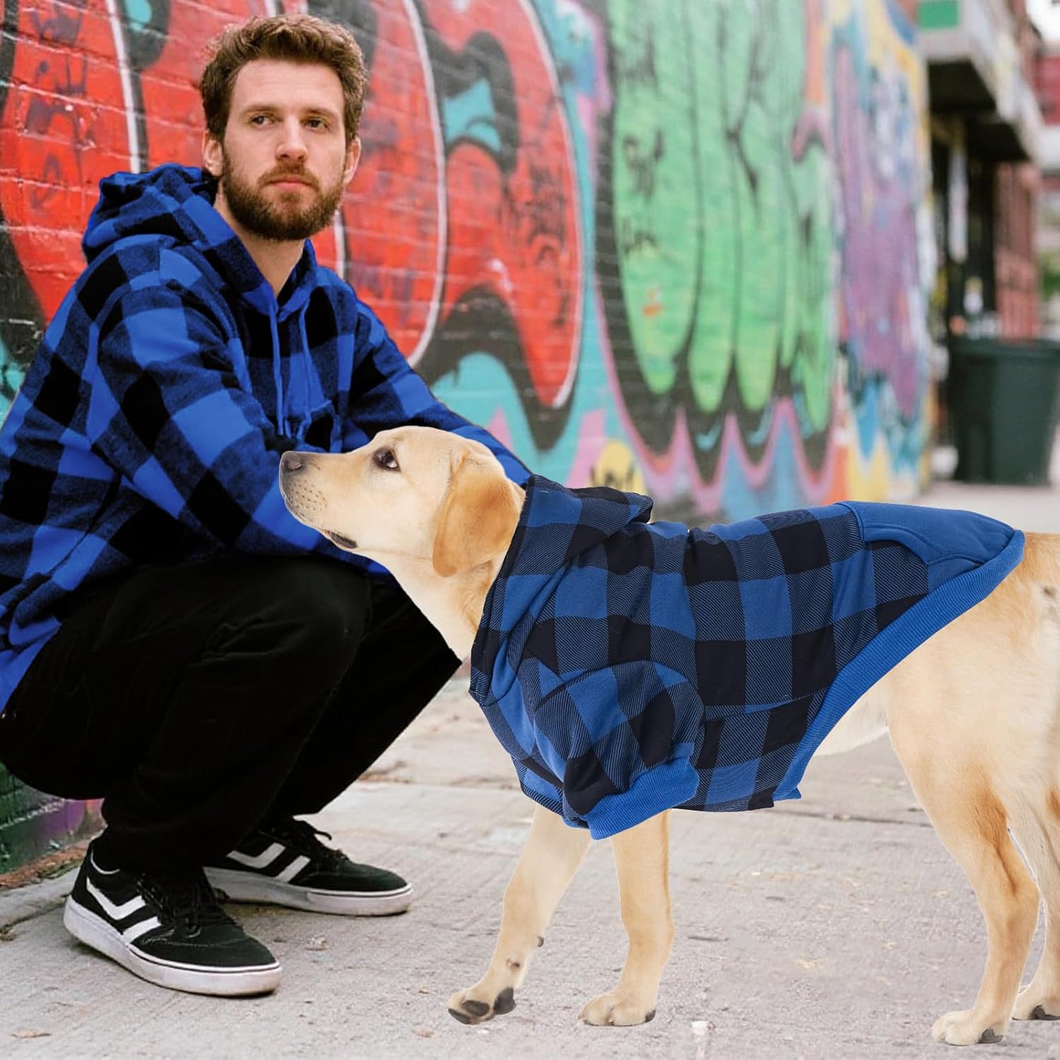 KOOLTAIL Plaid Dog Hoodie Pet Clothes Sweater with Hat and Pocket for Small Medium Large Size Dogs, Soft Winter Warm Dog Cold Weather Coat, Fleece Fall Dog Hooded Sweatshirt for Puppy Cats, Blue XL