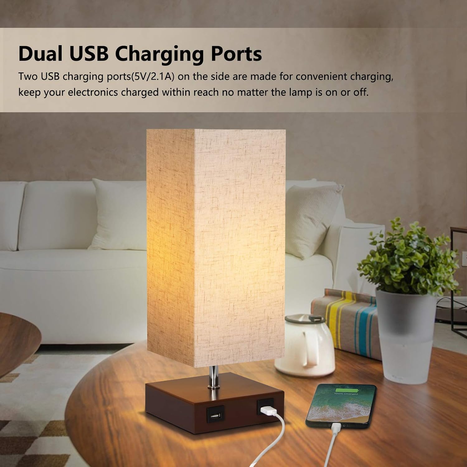 USB Touch Lamp, 3 Way Dimmable Touch Bedside Lamp with Dual USB Charging Ports, Minimalist Nightstand Lamp Small Light Square Fabric Shade for Bedroom, Living Room, Guest Room, 6W LED Bulb Included