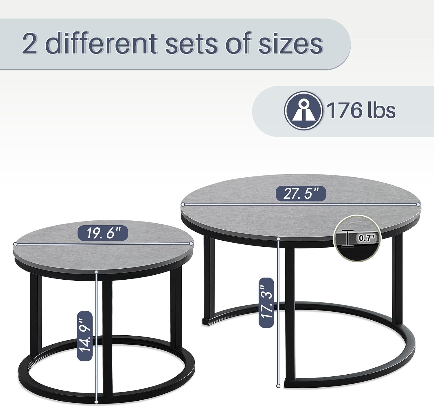 Nesting Tables Set of 2 Round Coffee Tables for Living Room Elegant Center Table with Wood Grain Table Top Small End Tables for Bedroom 27.5" Round Nesting Coffee Table Set Grey