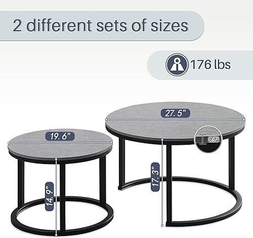 Miniatura 2 de Juego de 2 mesas auxiliares redondas para sala de estar, mesa central elegante con mesa de grano de madera, mesas auxiliares pequeñas para