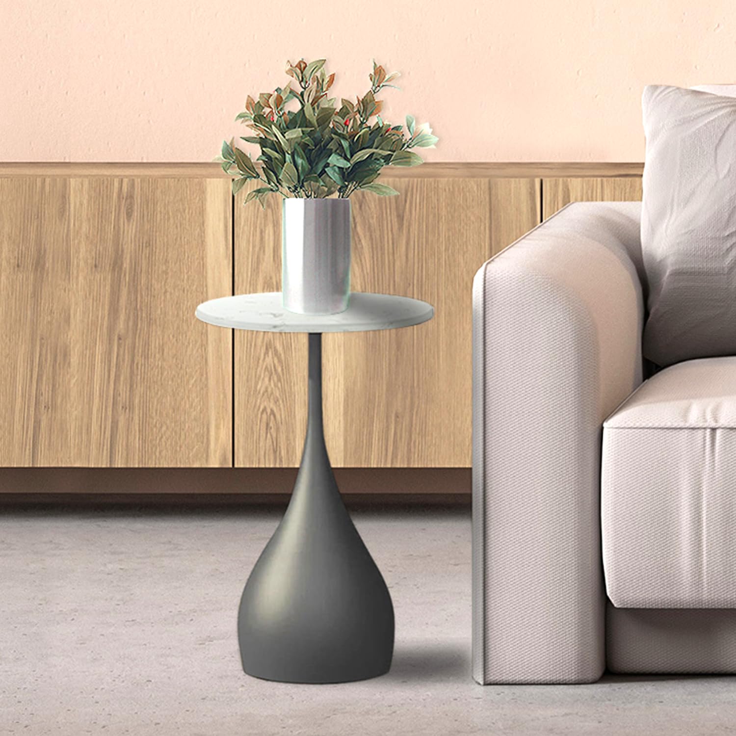 Marble Top End Table for Living Room - Round Marble Side Table for Small Spaces (Black Iron Leg)