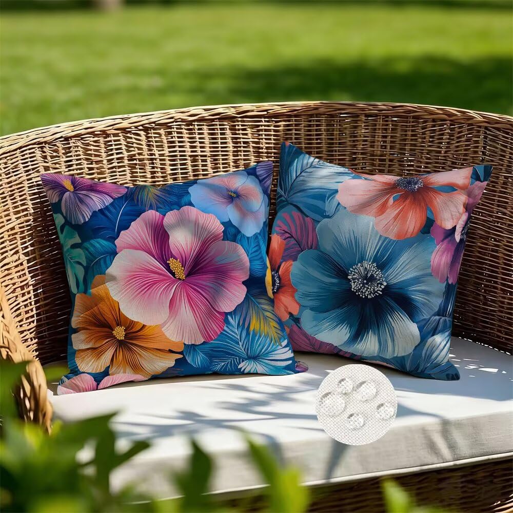 Federe Cuscini da Esterno Impermeabili 65x65 Blu Copri Cuscini per Divano Fiori Federa Cuscino Nordico Decorativi Copricuscini per Divano Giardino Patio Soggiorno Copricuscino Set di 2 (IU67)