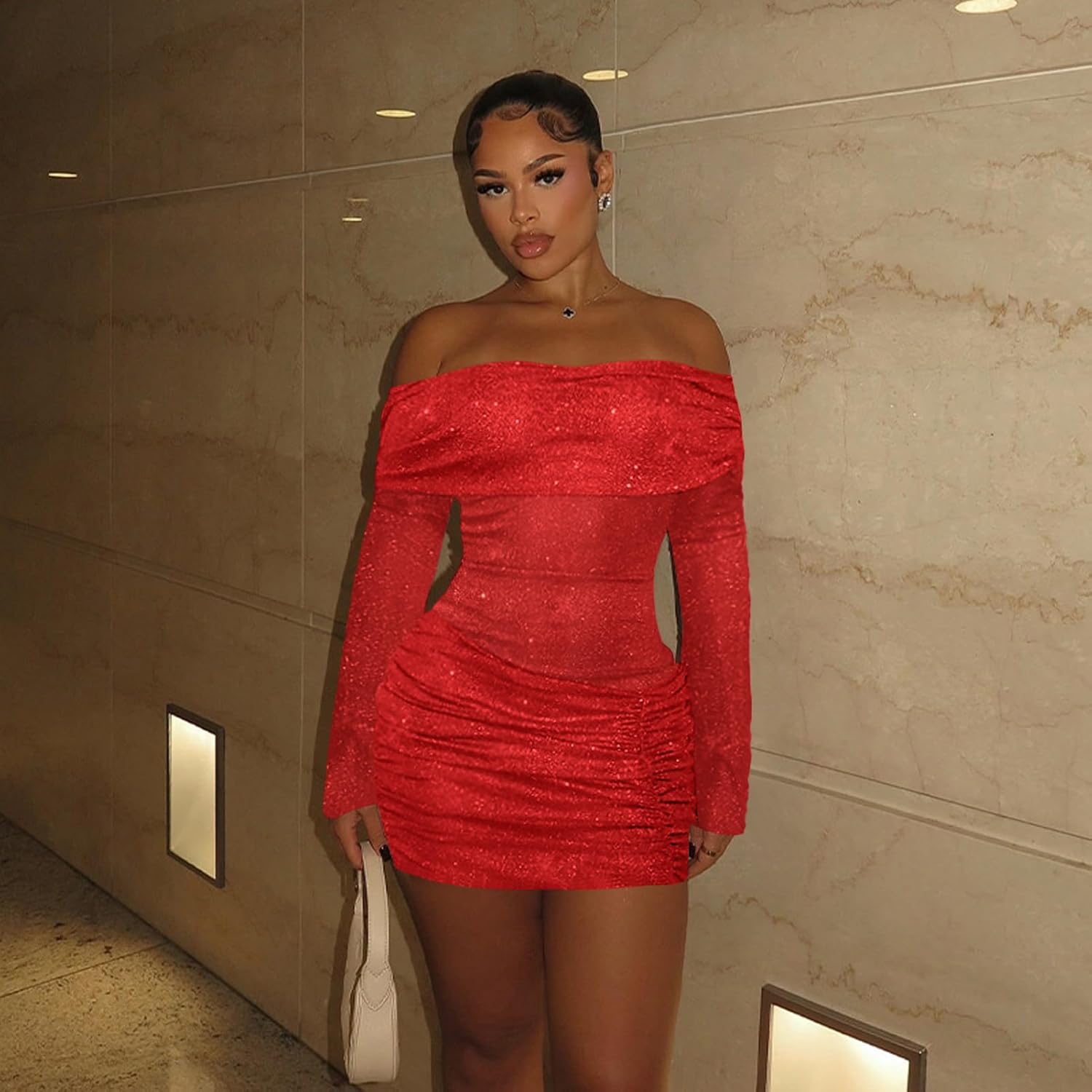 Women Sexy Off Shoulder Bodycon Mini Dress Mesh Sheer Ruched Sparkly Flared Long Sleeve Y2K Dress Club Night Out Dresses - Image 3