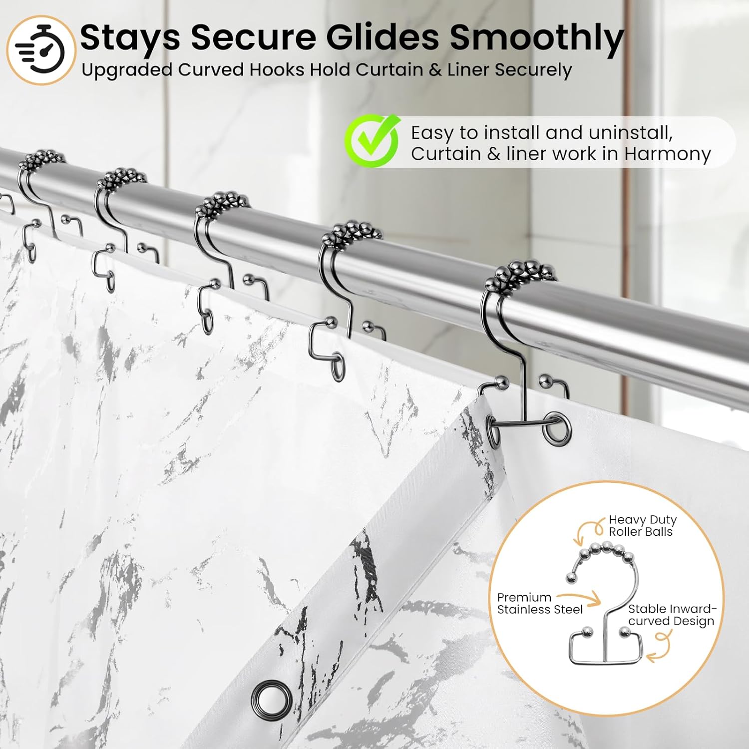3 in 1 Modern Marble Shower Curtain Set, White Silver Shower Curtain with TPU Waterproof Washable Fabric Liner & 12 Stainless Steel Hooks, Foil Print, Weighted Shower Curtains for Bathroom, 72x72in