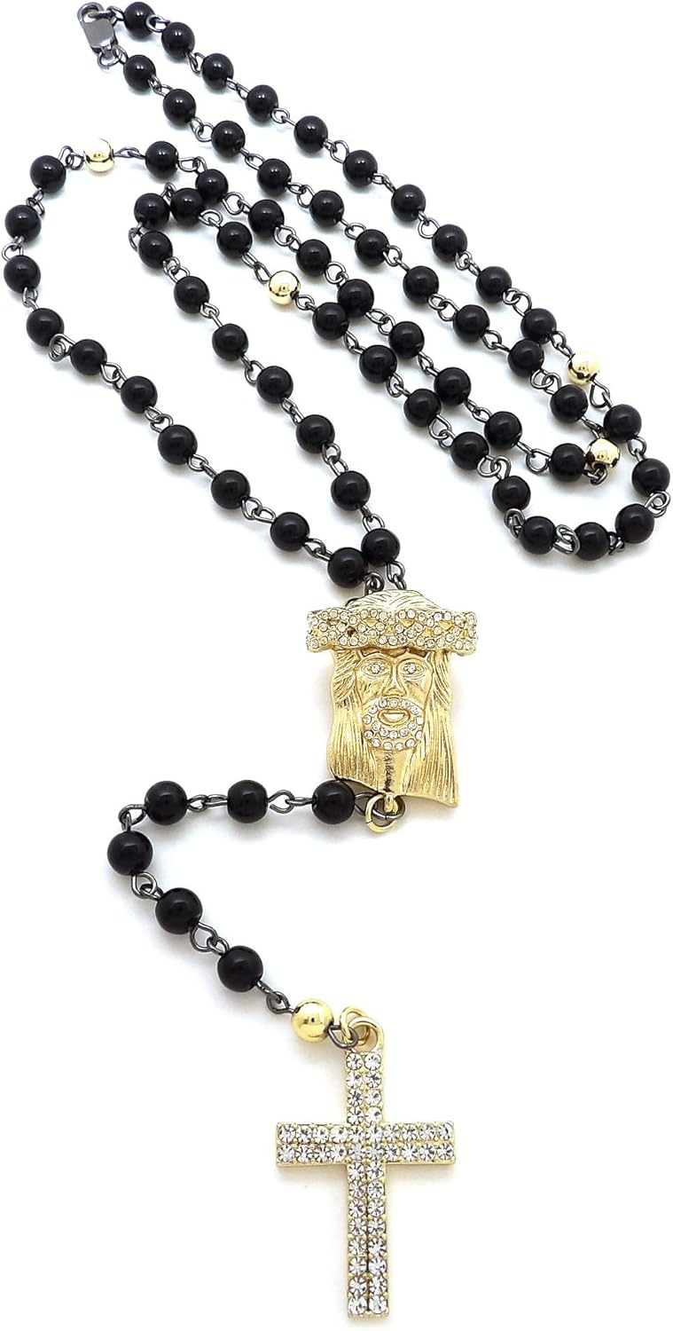 Fashion 21 Unisex Jesus, Cross Piece 6mm 30" CCB Bead, Black Stone Rosary Necklace