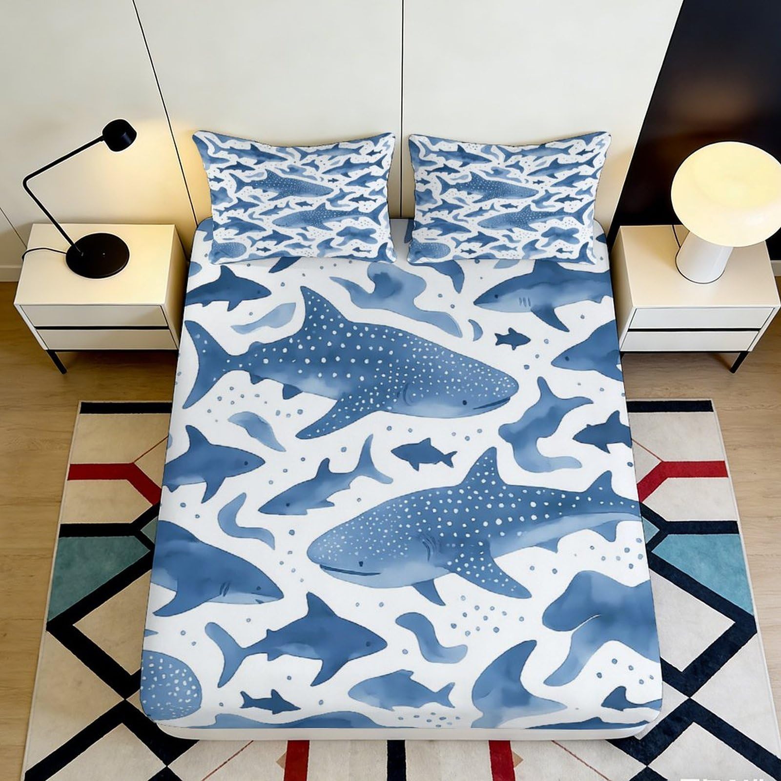 3D Printed Whale Shark Ocean Fitted Sheet Microfiber Blue Sea Life Mattress Cover Bedroom Decor Washable 90x200x25cm