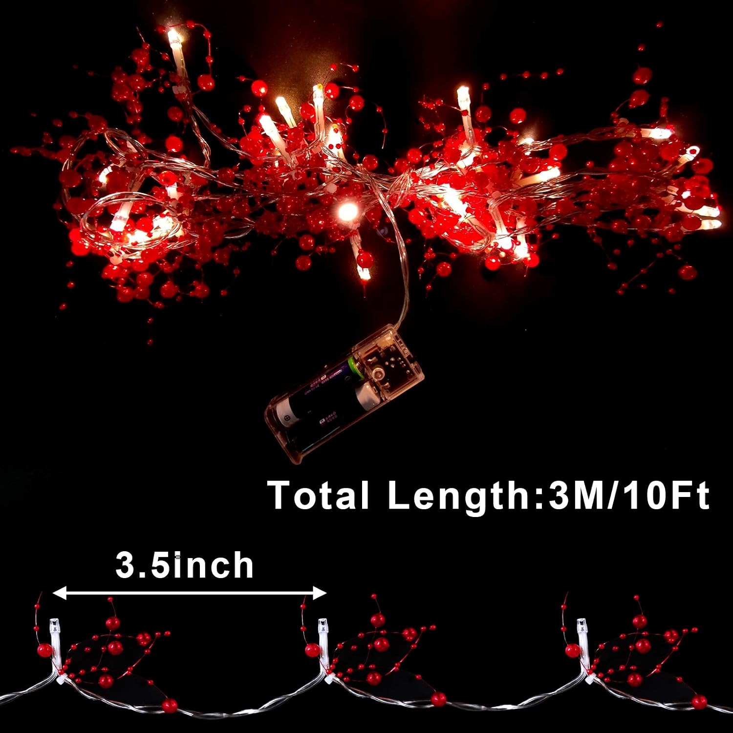 TURNMEON [ Timer 10Ft 30LED Christmas String Lights with Battery Powered for Christmas Decorations, Christmas Garland for Indoor Outdoor, Xmas Decor Warm White Lights (Red)