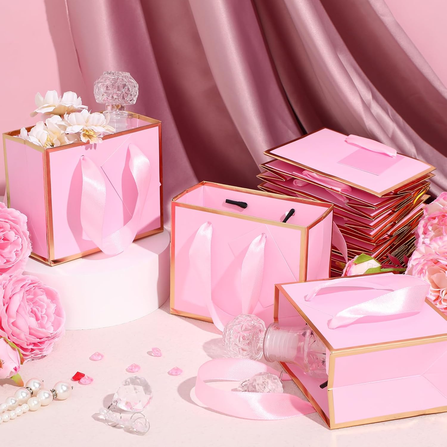 Yeaqee 50 Pcs Mini Metallic Paper Gift Bags with Handle 4x4.75x2.2'' Small Gift Bag DIY Tag Thank You Party Favor for Mother's Day Wedding Graduation Baby Shower Birthday Jewelry (Pink,Gold)