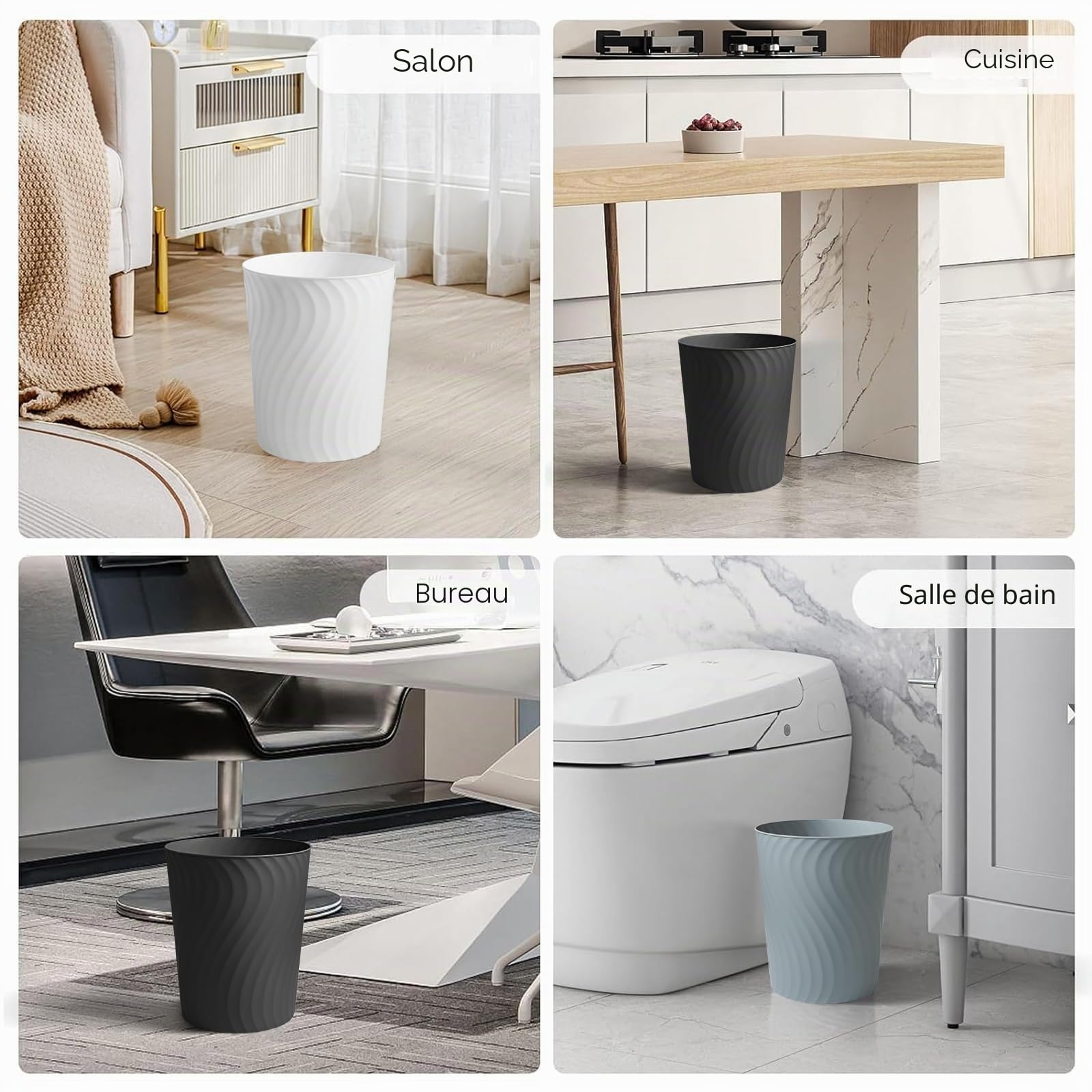 YGJT Lot de 3 Poubelles en Plastique avec 6 Rouleaux de Sacs Poubelle | LCorbeille à Papier 7 L - pour Bureau, Salle de Bain, Cuisine ou Chambre, Format Compact 24,9 x 20 x 16,5 cm Blanc