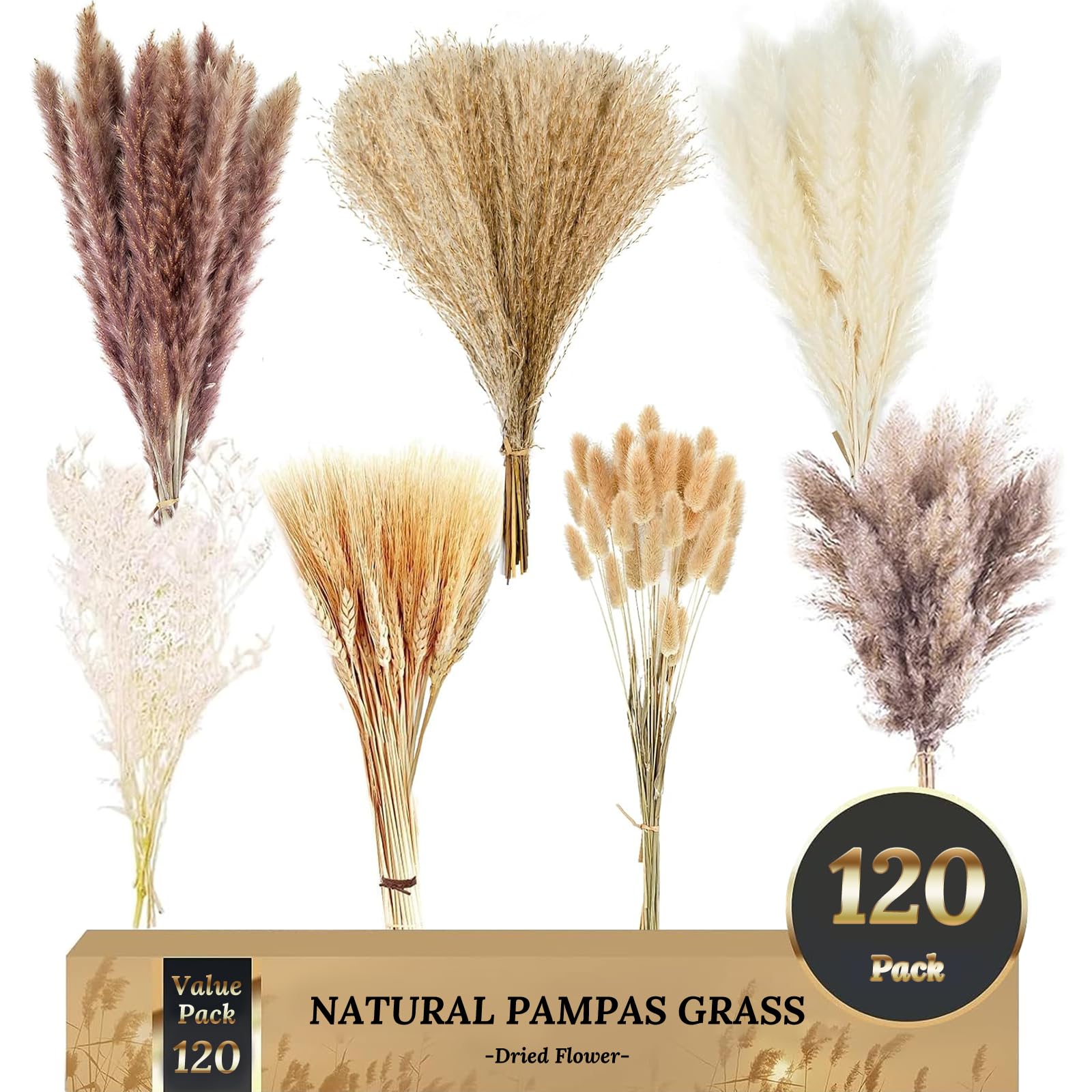 Uniface120Pcs Pampas Grass Decor, 17.5" Fluffy Pampas Grass Natural Dried Flowers Bouquet for Home Decor, Dried Wheat Dried Flowers for Farmhouse Decor, Boho Decor, Fall Decor, Wedding