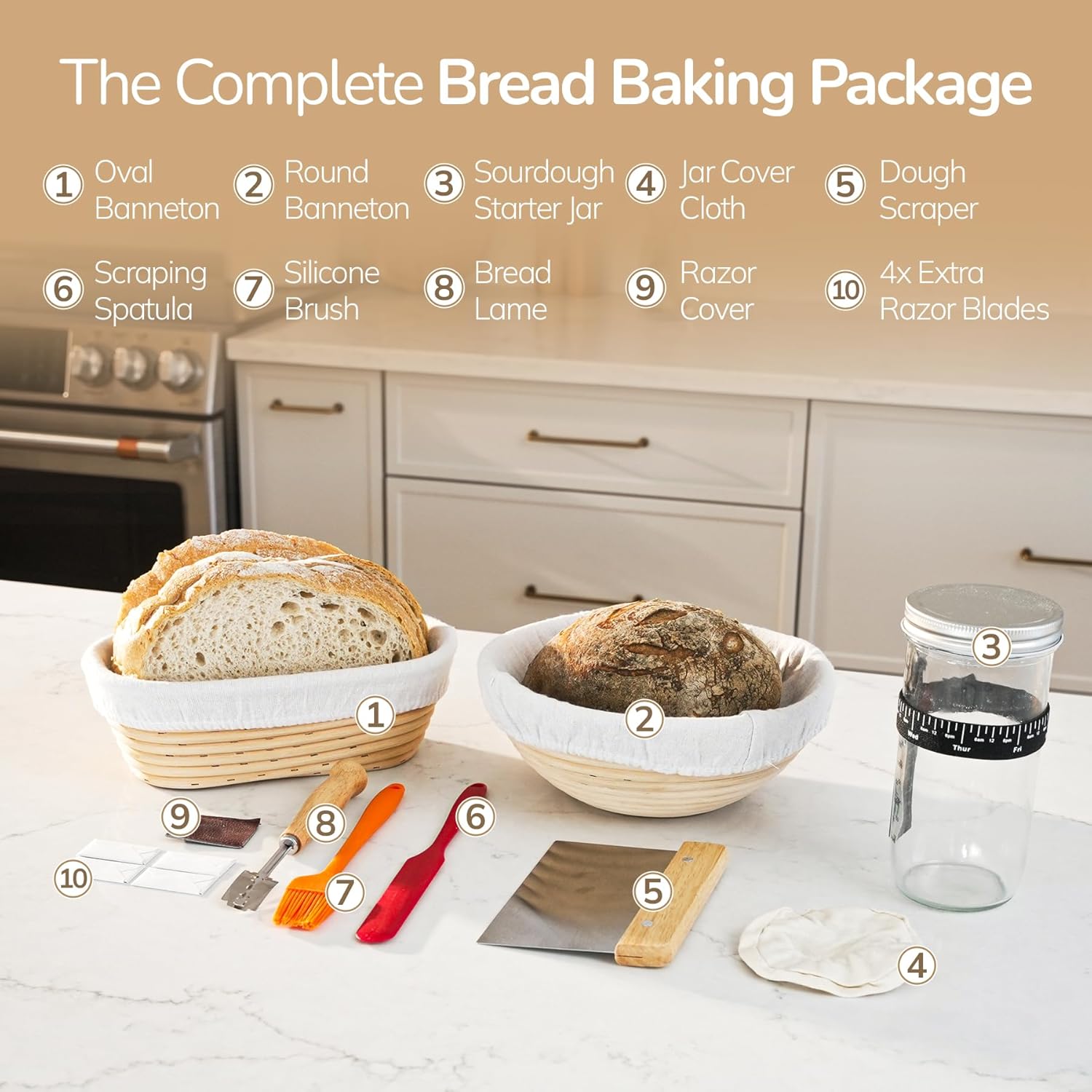 sourdough bread baking supplies 16 pcs | banneton bread proofing basket kit with sourdough starter jar, 9" round & 10" oval sourdough proofing rattan baskets with bread making tools gift set