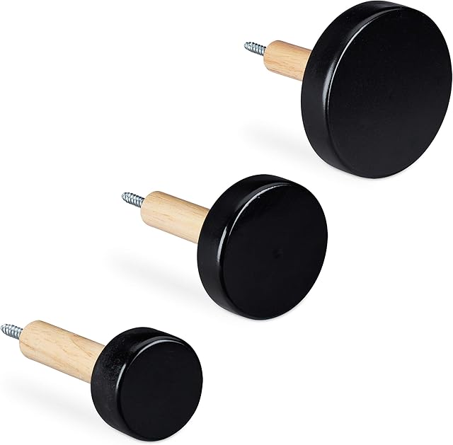 Relaxdays Wall Hooks Set of 3 Dots Design Round for Screwing Wooden Diameter 4, 6 and 8 cm Wardrobe Buttons Black/Natural