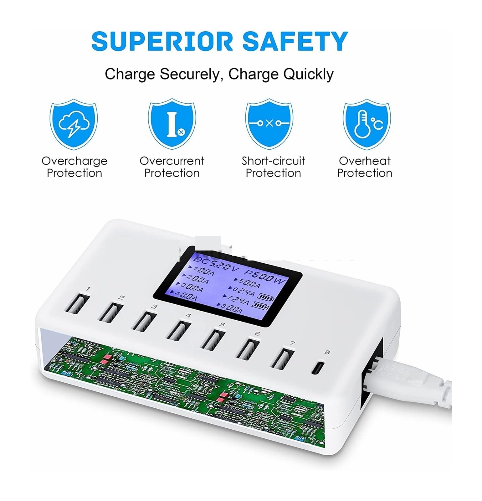 Ładowarka USB, Stacja ładująca USB 8 portów 60 W/12 A wieloportowa ładowarka USB typu C z wyświetlaczem LCD do telefonów komórkowych i tabletów wielu urządzeń