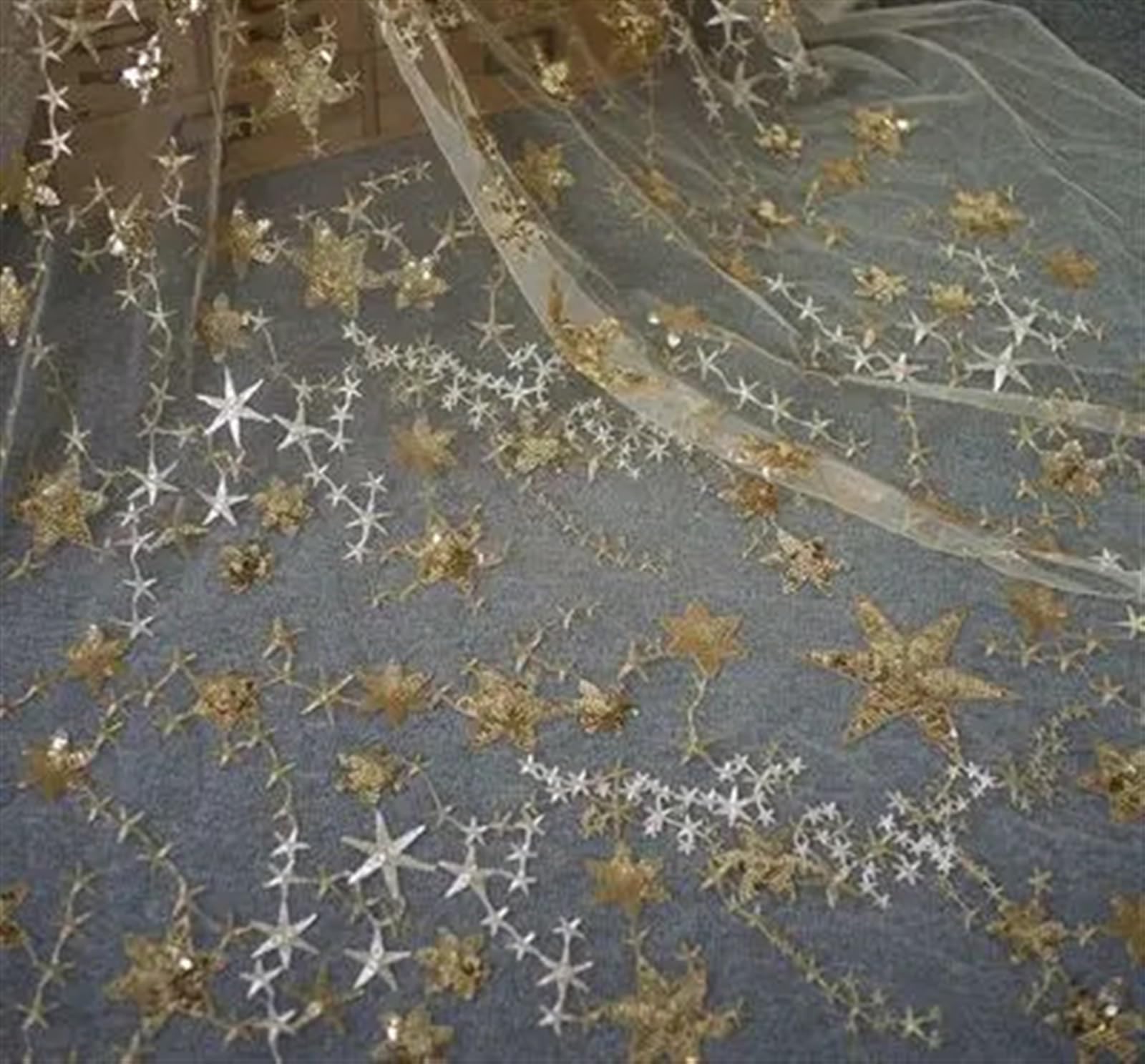 Tela de encaje brillante con estrellas bordadas para vestidos de fiesta y novias
