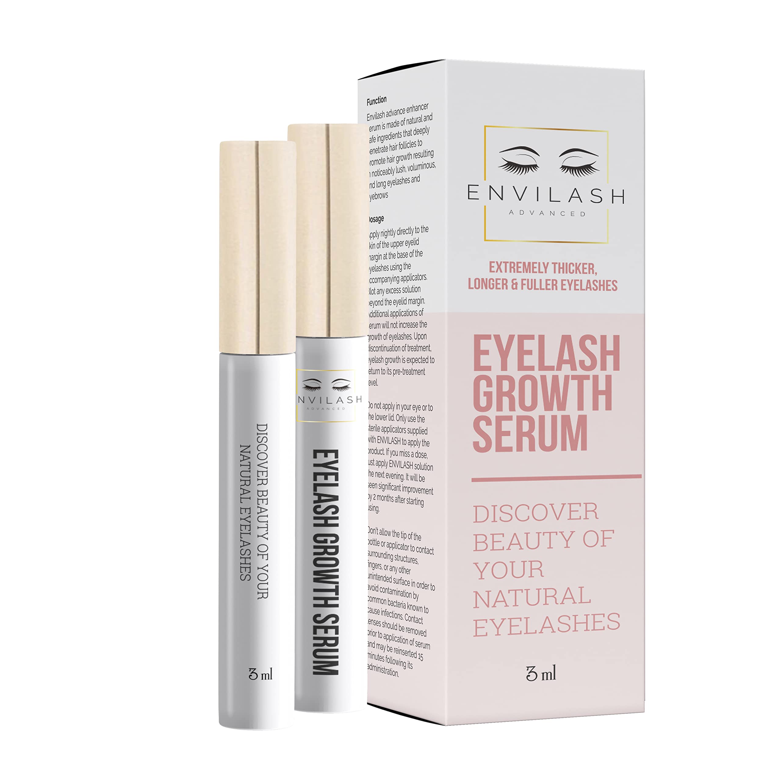 Envilash eyelash Growth Serum Enhancer & Eyebrow Essence, Helps Eyelashes Longer, Irritation Free Formula, Luscious, and Safe for the Eyes, Naturally Promotes Fuller, Thicker Lashes and Brows (3ML)
