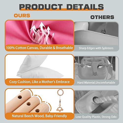 Miniatura 4 de Columpio para bebé con soporte, juego de columpios para bebé, juego de columpios para interiores y exteriores con asiento acolchado de lona (rosa)